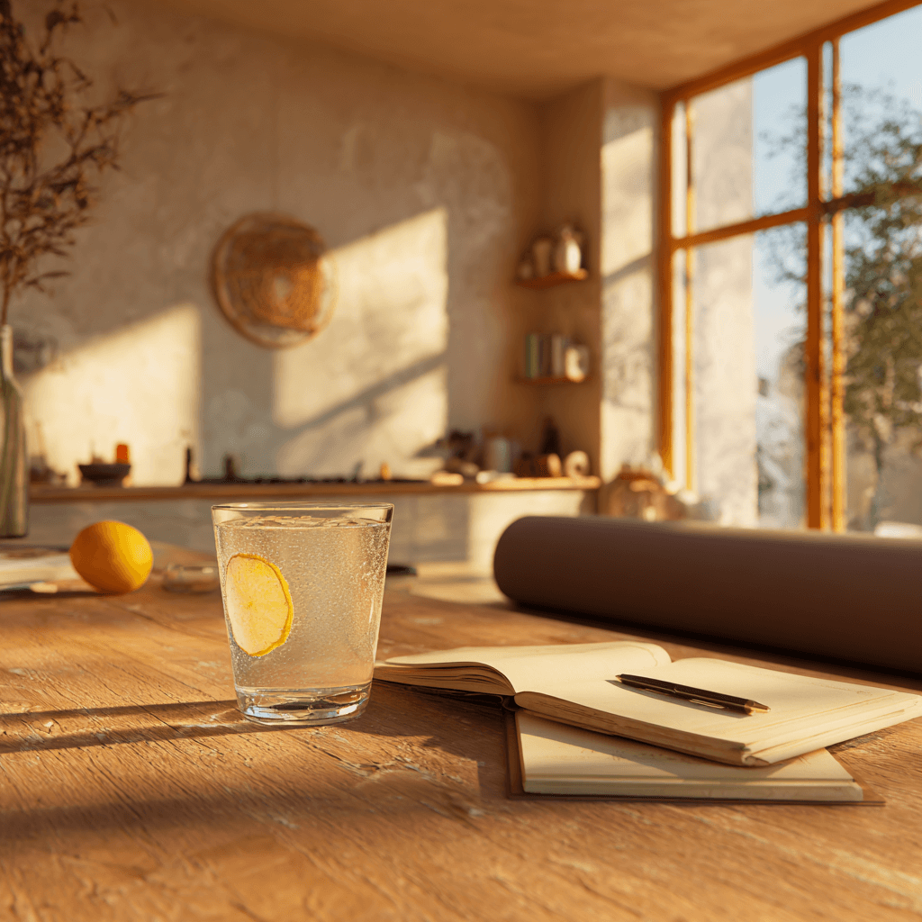 A refreshing glass of water with lemon on a wooden table, accompanied by a notebook and pen in a sunny, cozy kitchen.
