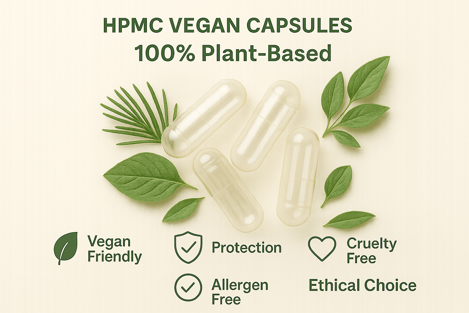 HPMC vegan capsules with plant leaves, highlighting their vegan, cruelty-free, and allergen-free benefits.