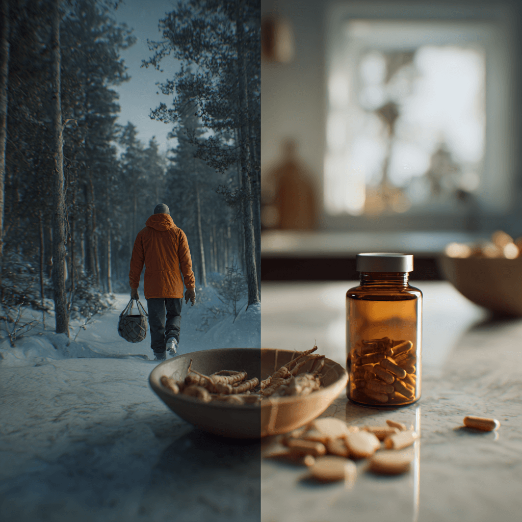 Person walking through a snowy forest carrying ginseng roots and a bottle of ginseng capsules on a table.