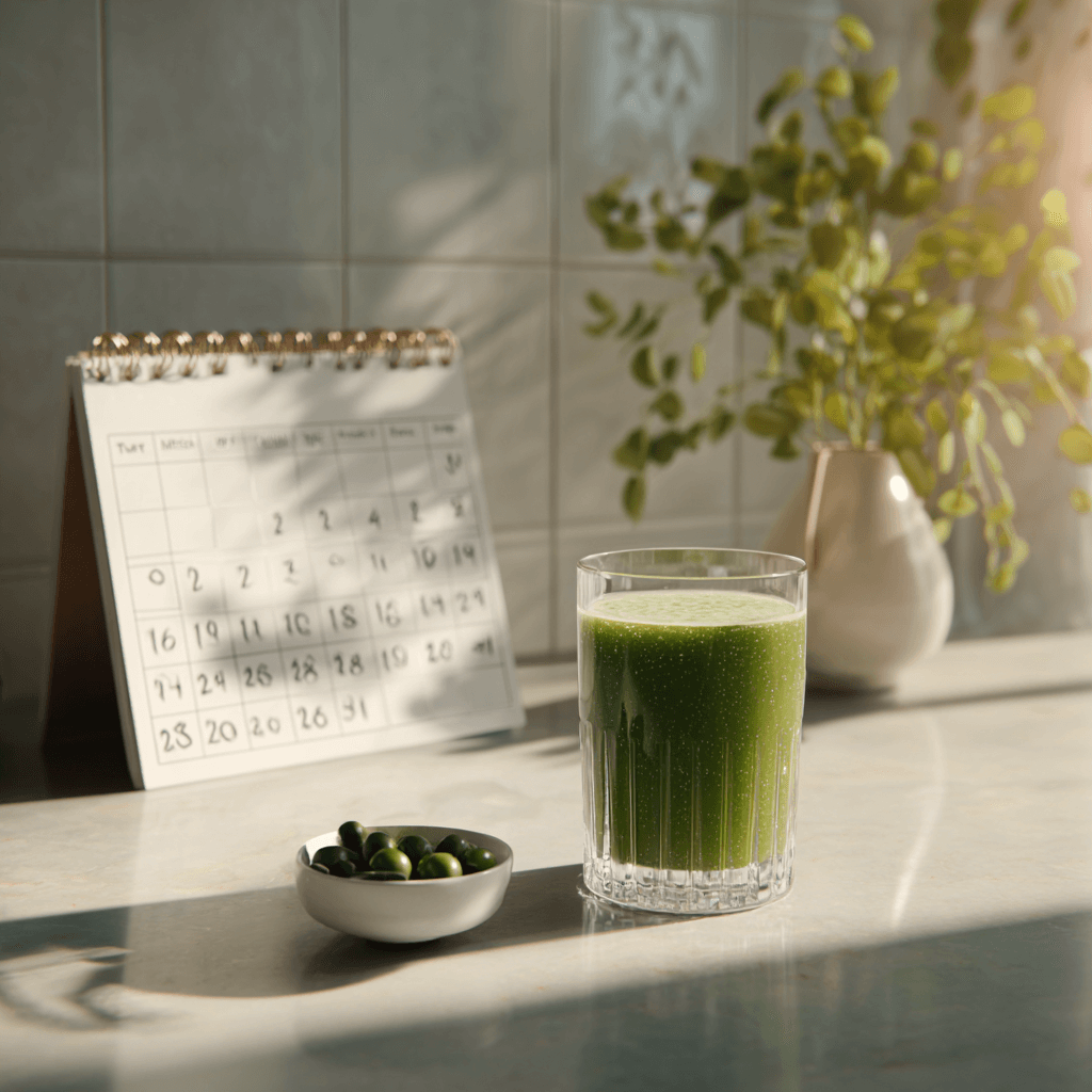 A refreshing green spirulina smoothie next to a bowl of spirulina tablets and a calendar shadowed by plants.