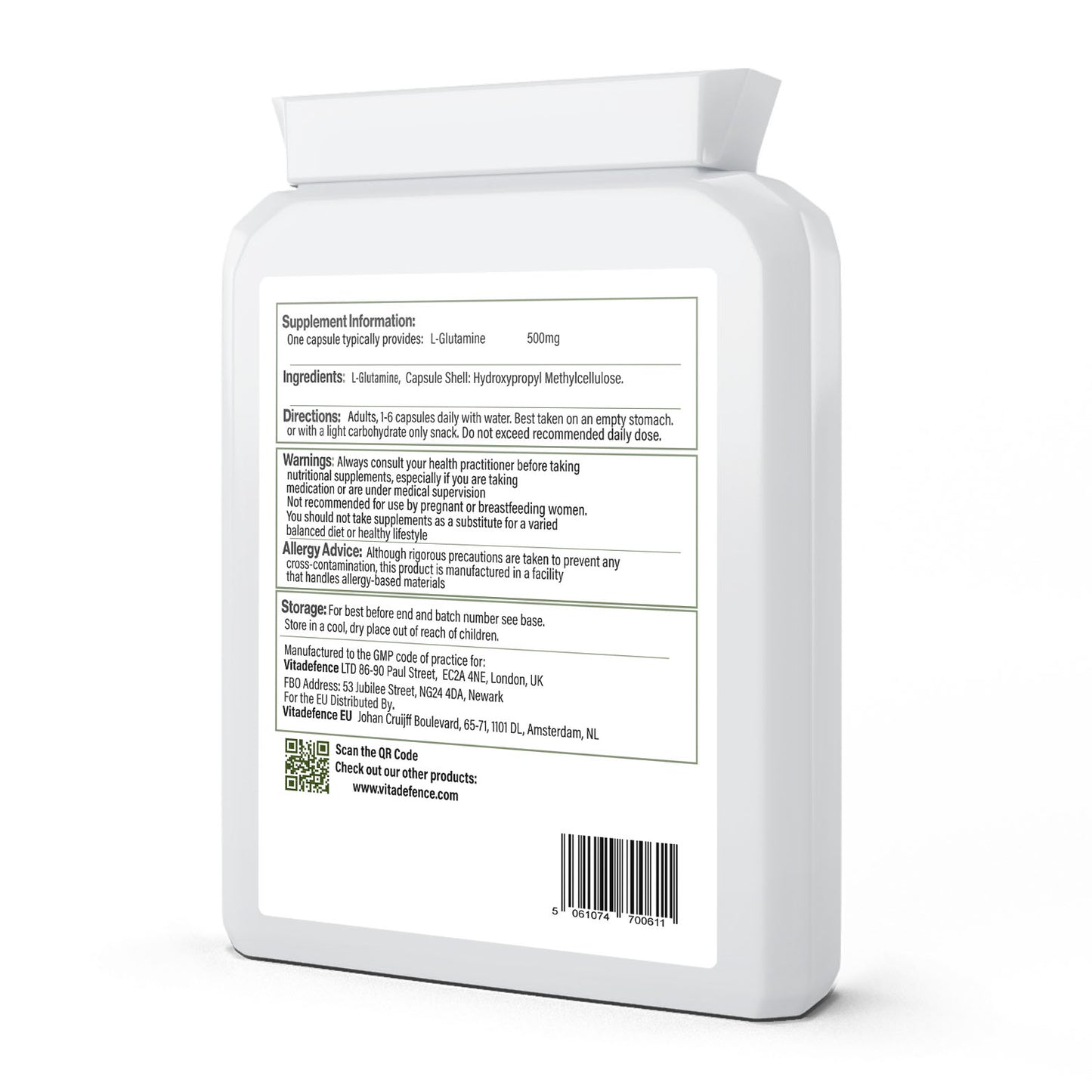 Vitadefence® L-Glutamine 2-Pack | Pure L-Glutamine 500mg – 180 Capsules (2 x 90)