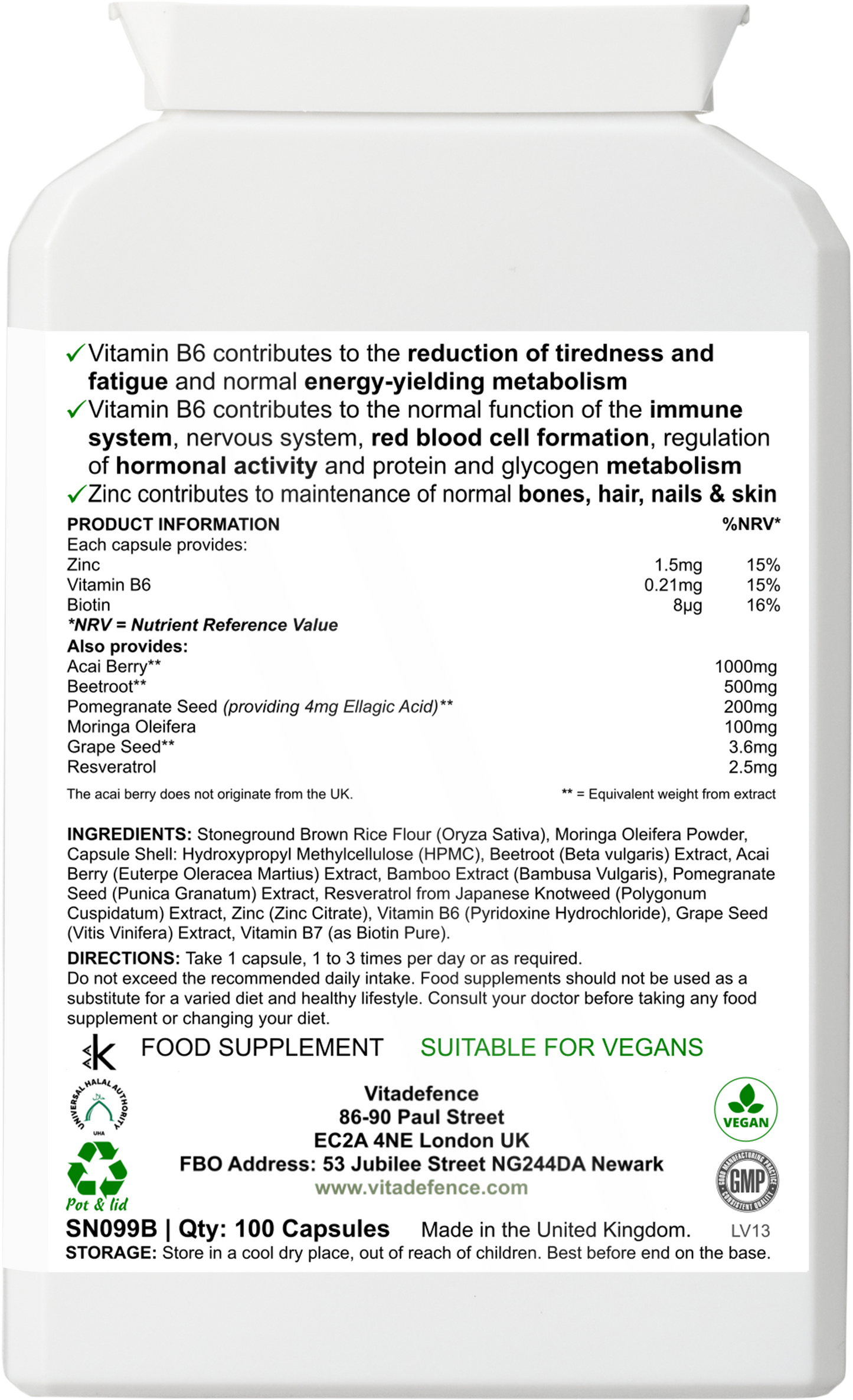 Vitadefence® Acai Berry Multi | With Vitamin B6, Zinc, Biotin & Botanicals – 100 Capsules