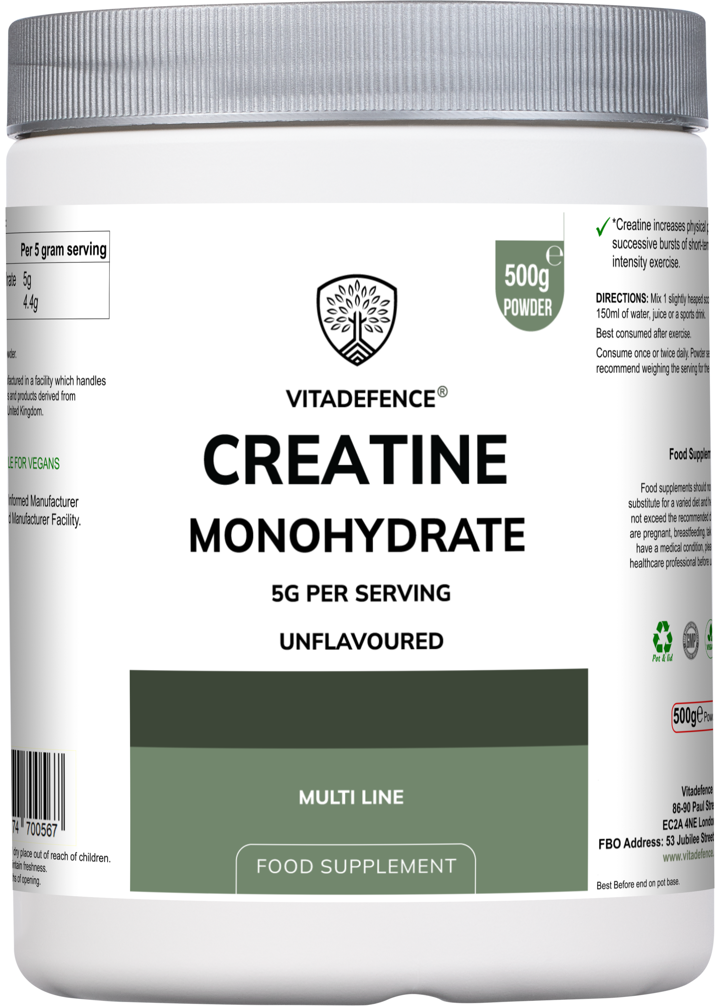 Vitadefence® Creatine Monohydrate | Pure Unflavoured Creatine Powder – 500 g