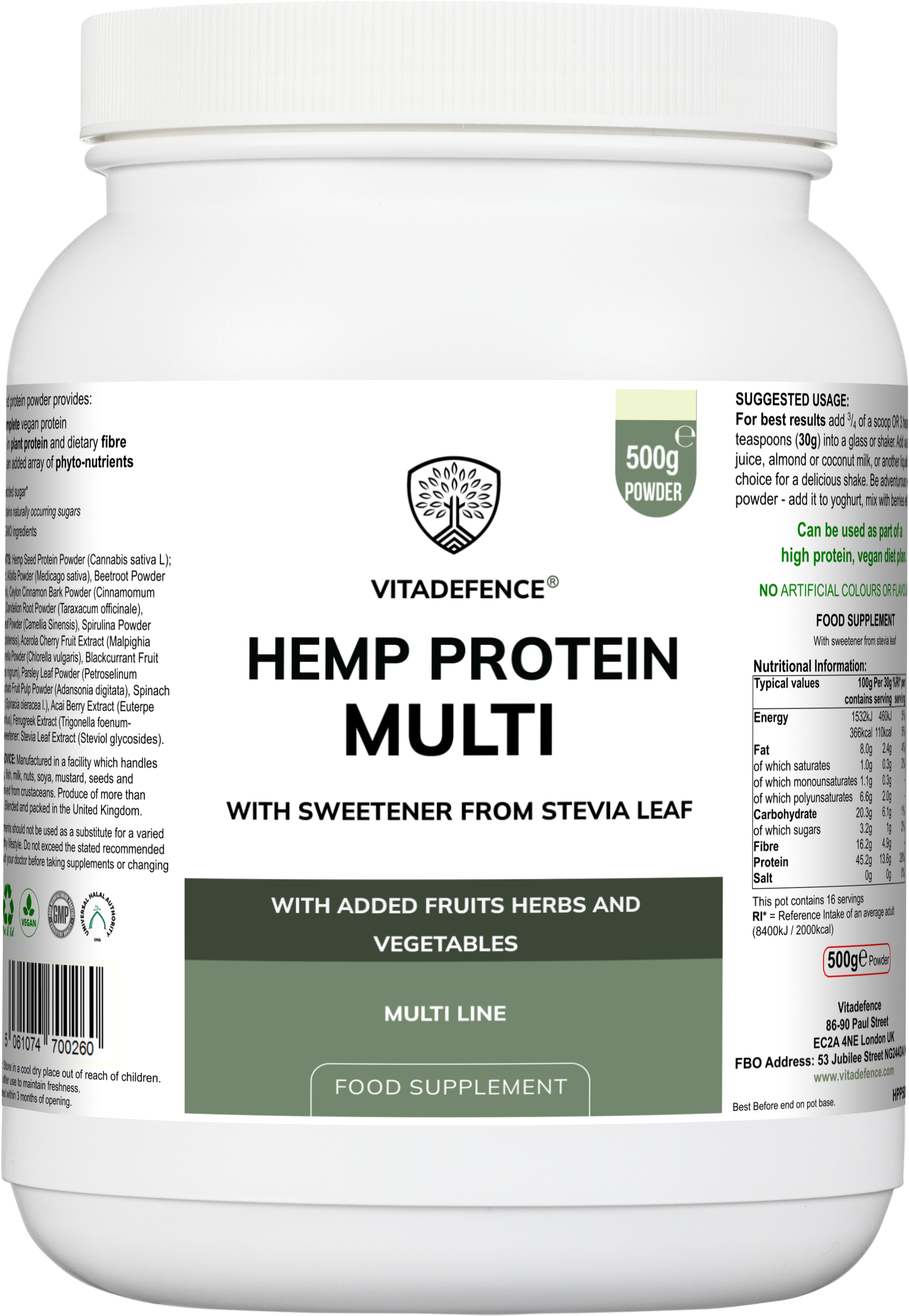 Vitadefence® Hemp Protein Multi | Plant-Based Protein Powder with Fruits, Herbs & Vegetables – 500 g