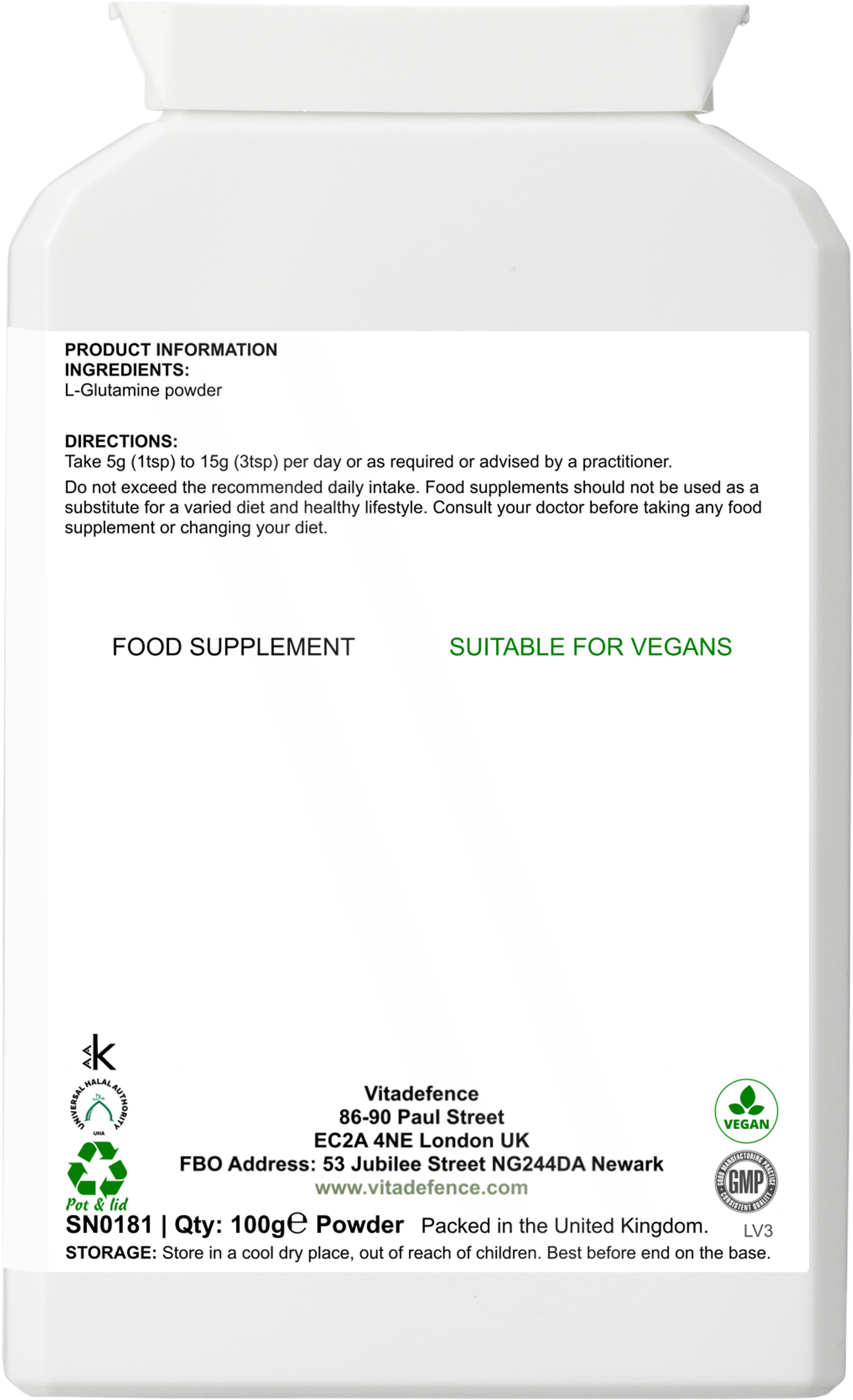 Vitadefence® L-Glutamine Powder | Pure Vegan Amino Acid – 100 g