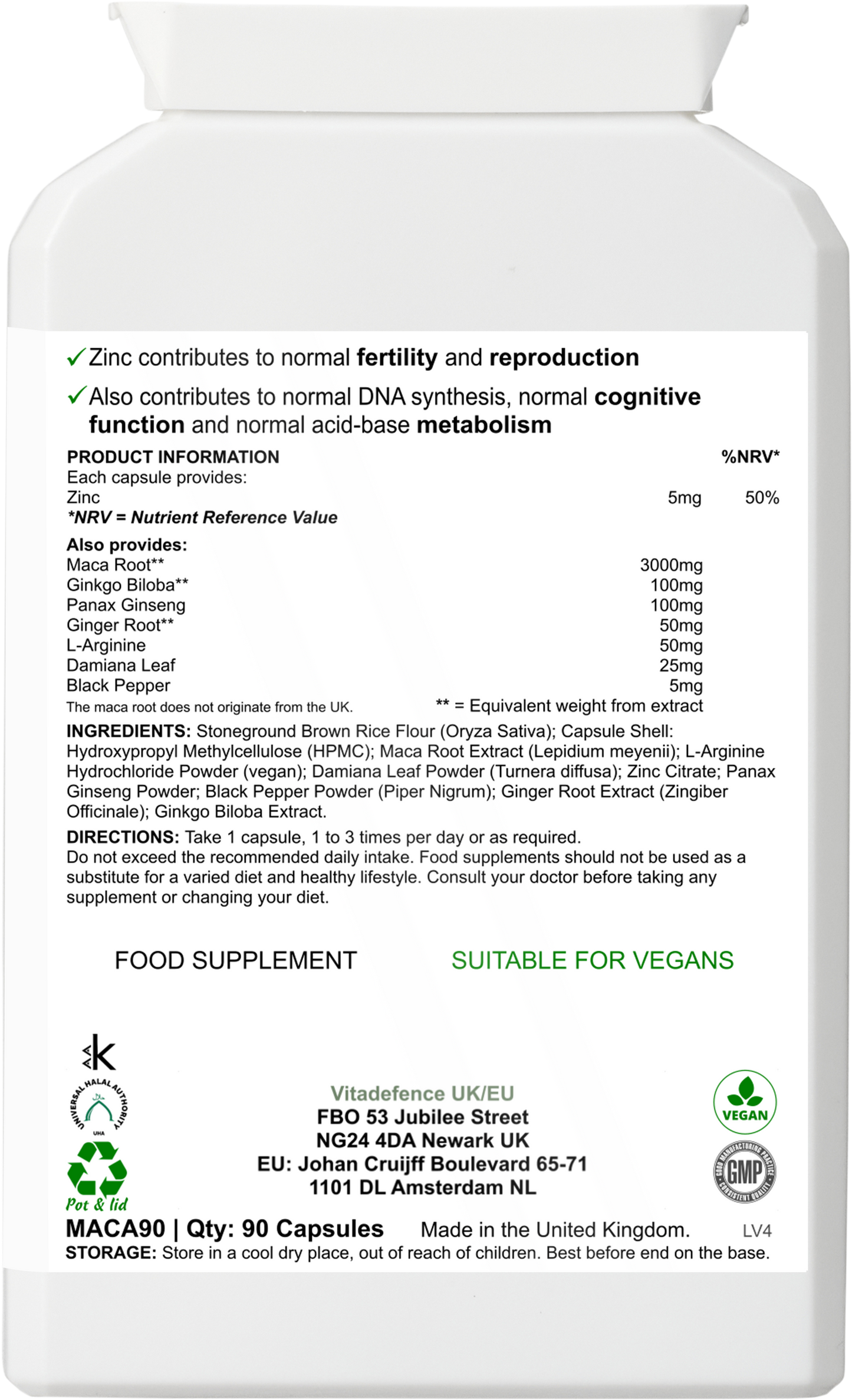 Vitadefence® Maca Root Multi | With L-Arginine, Ginkgo Biloba & Zinc – 90 Vegan Capsules - Vitadefence® - Vitadefence®