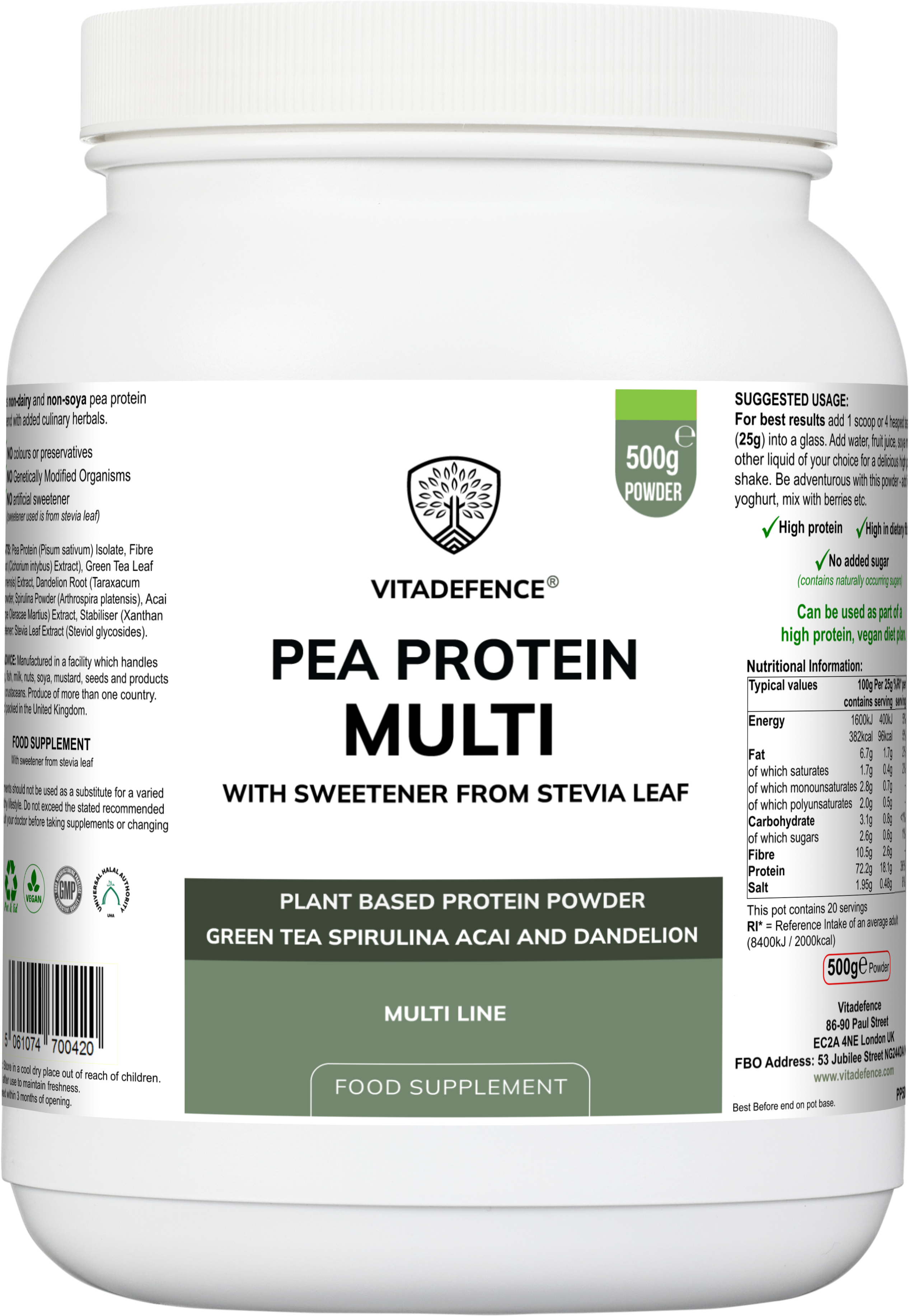 Vitadefence® Pea Protein Multi | Plant-Based Protein Powder with Green Tea, Spirulina, Açai & Dandelion – 500 g