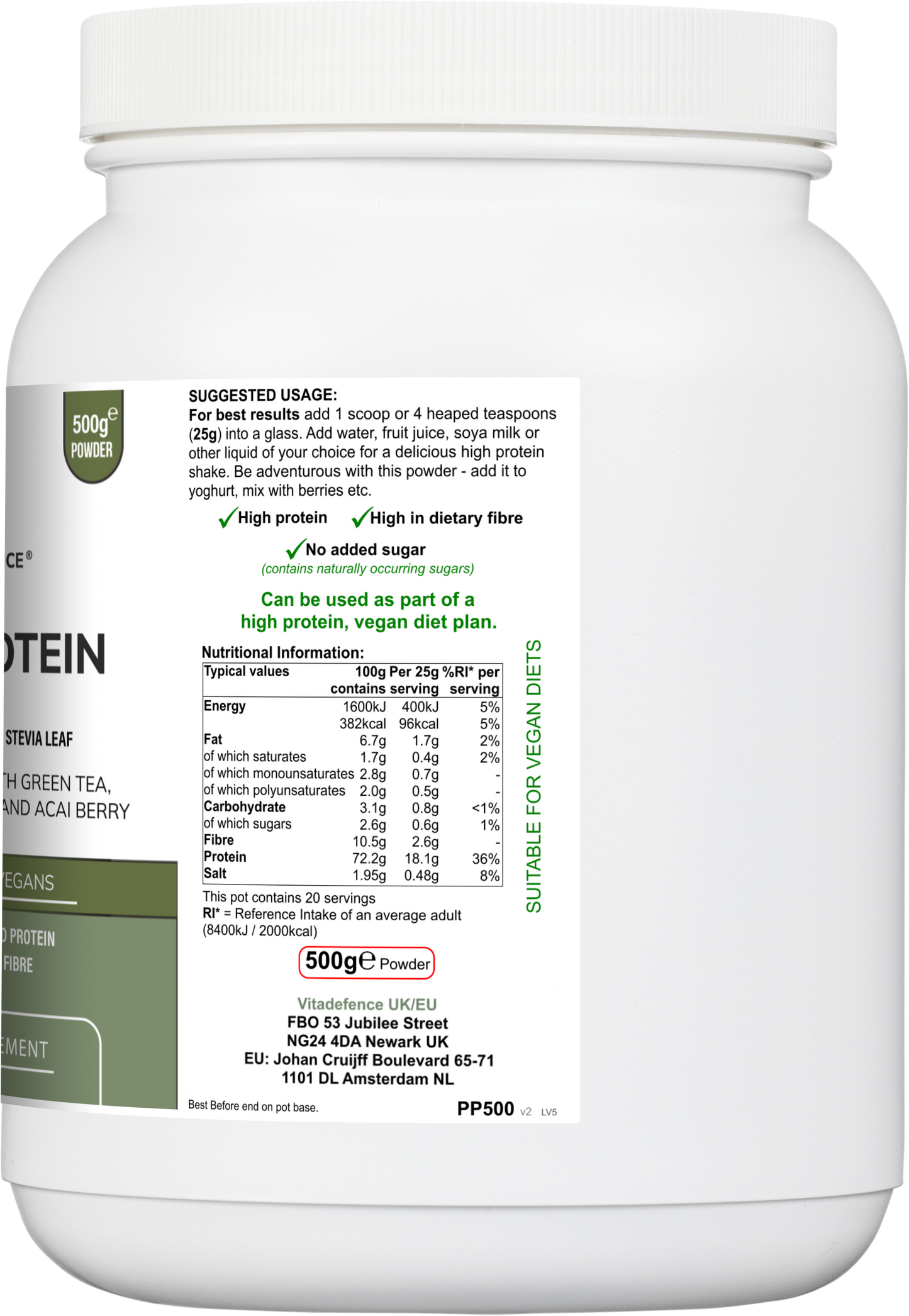 Vitadefence® Pea Protein Multi | Plant-Based Protein Powder with Green Tea, Spirulina, Açai & Dandelion – 500 g