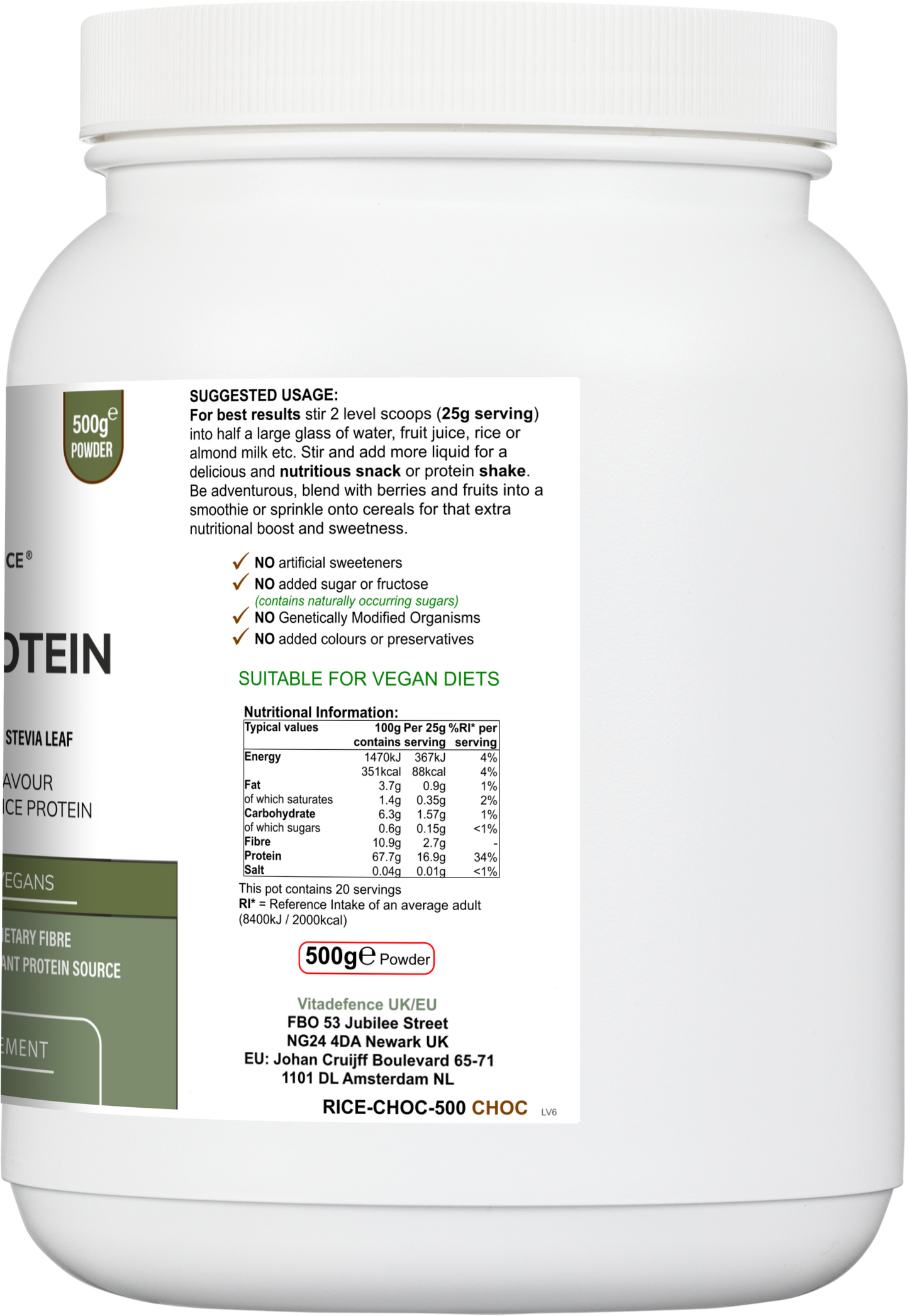 Vitadefence® Rice Protein Multi | Chocolate Flavour Powder with Green Tea & Guarana – 500 g