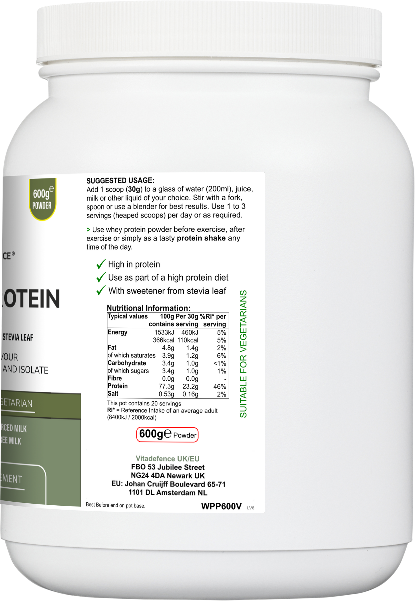 Vitadefence® Whey Protein Multi | Vanilla Flavour Protein Powder with Stevia – 600 g