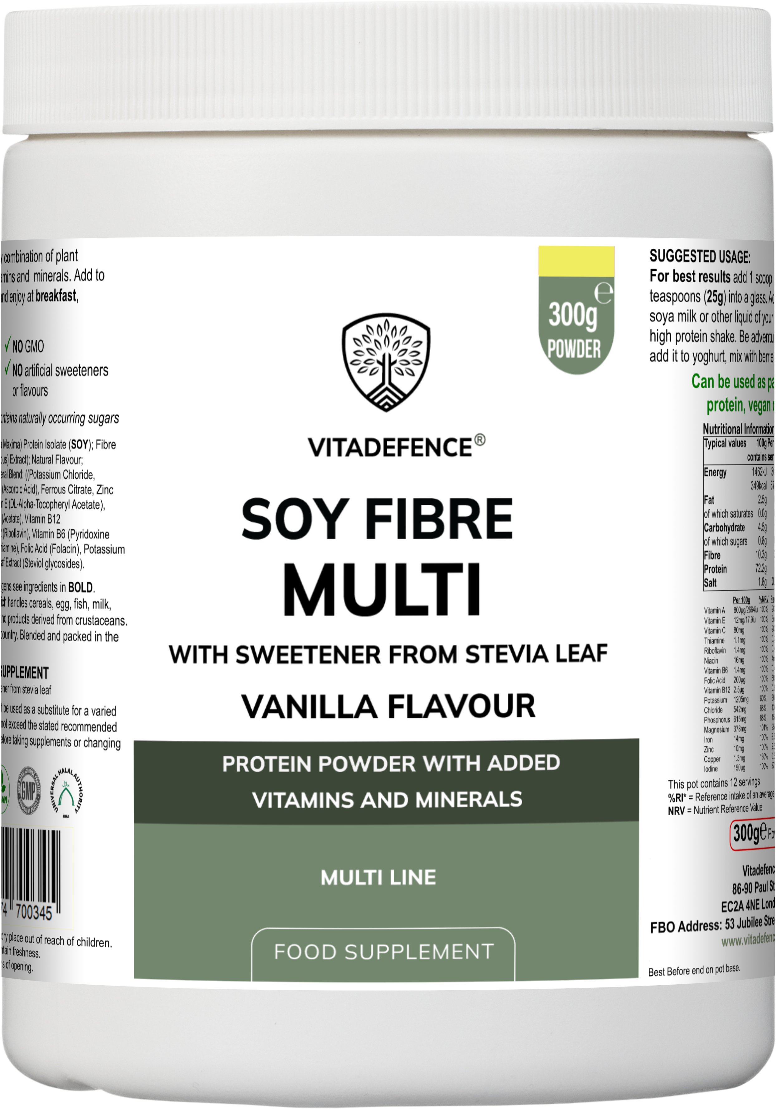 Vitadefence® Soy Fibre Multi | Vanilla Flavour Protein Powder with Vitamins & Minerals – 300 g