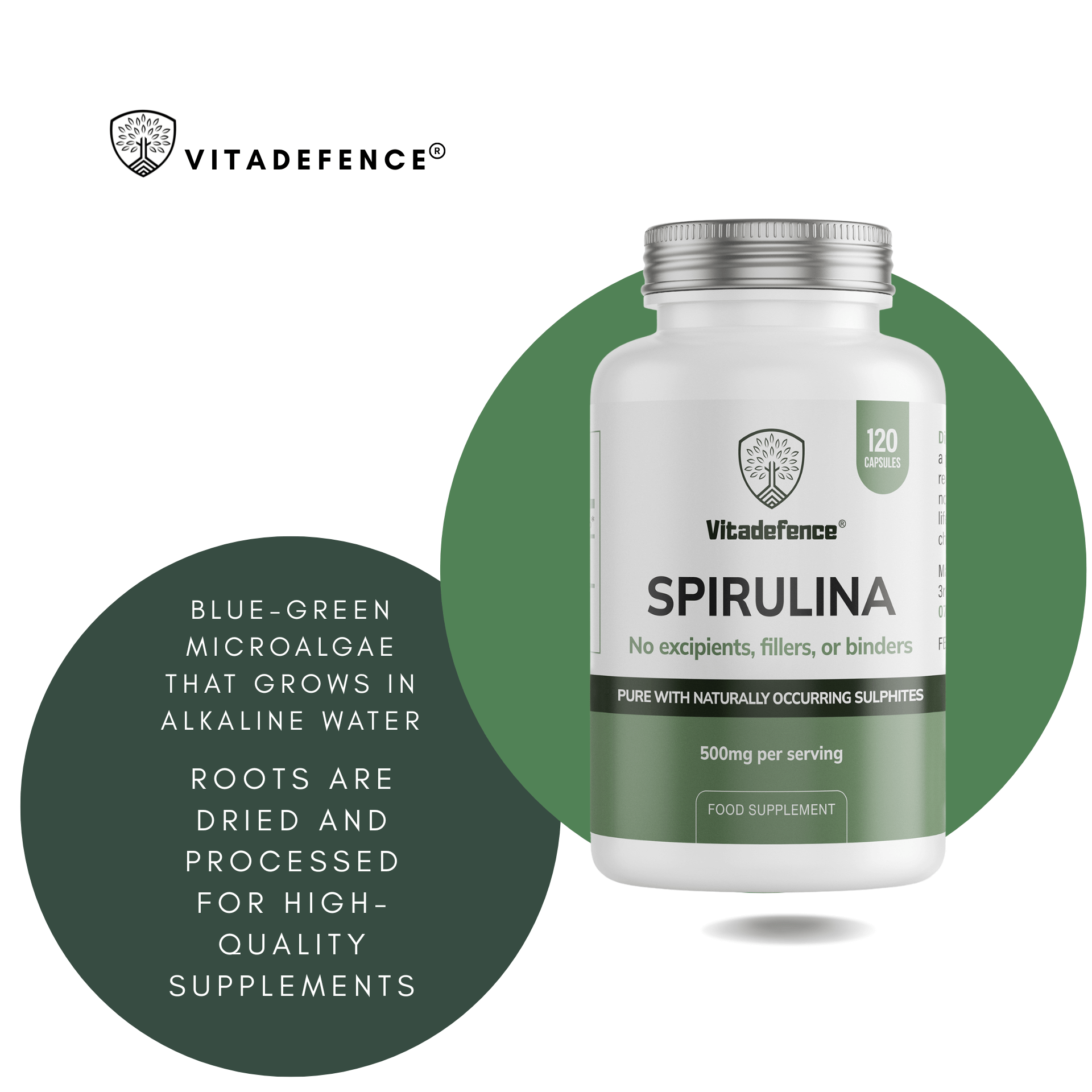 Vitadefence Spirulina 120 vegan capsules, pure blue-green algae supplement, 500mg per serving, no additives.