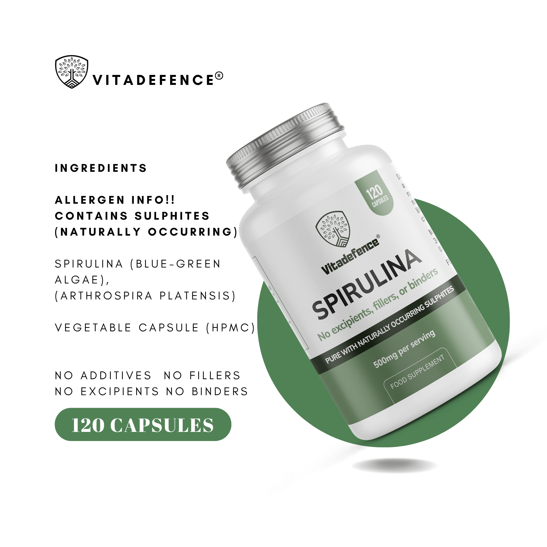 Vitadefence Spirulina supplement bottle with 120 vegan capsules and allergen information.