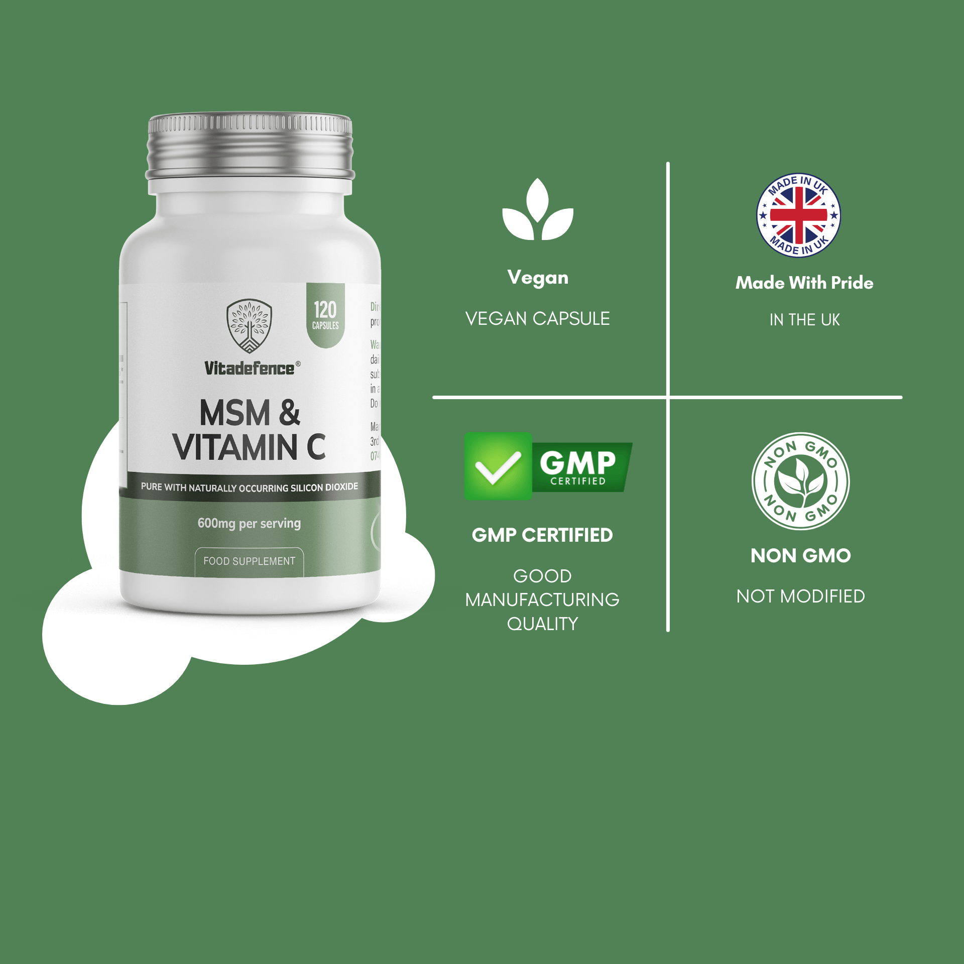 Vitadefence MSM & Vitamin C supplement; vegan capsules, 600mg MSM, GMP certified, made in the UK, food supplement, 120 capsules