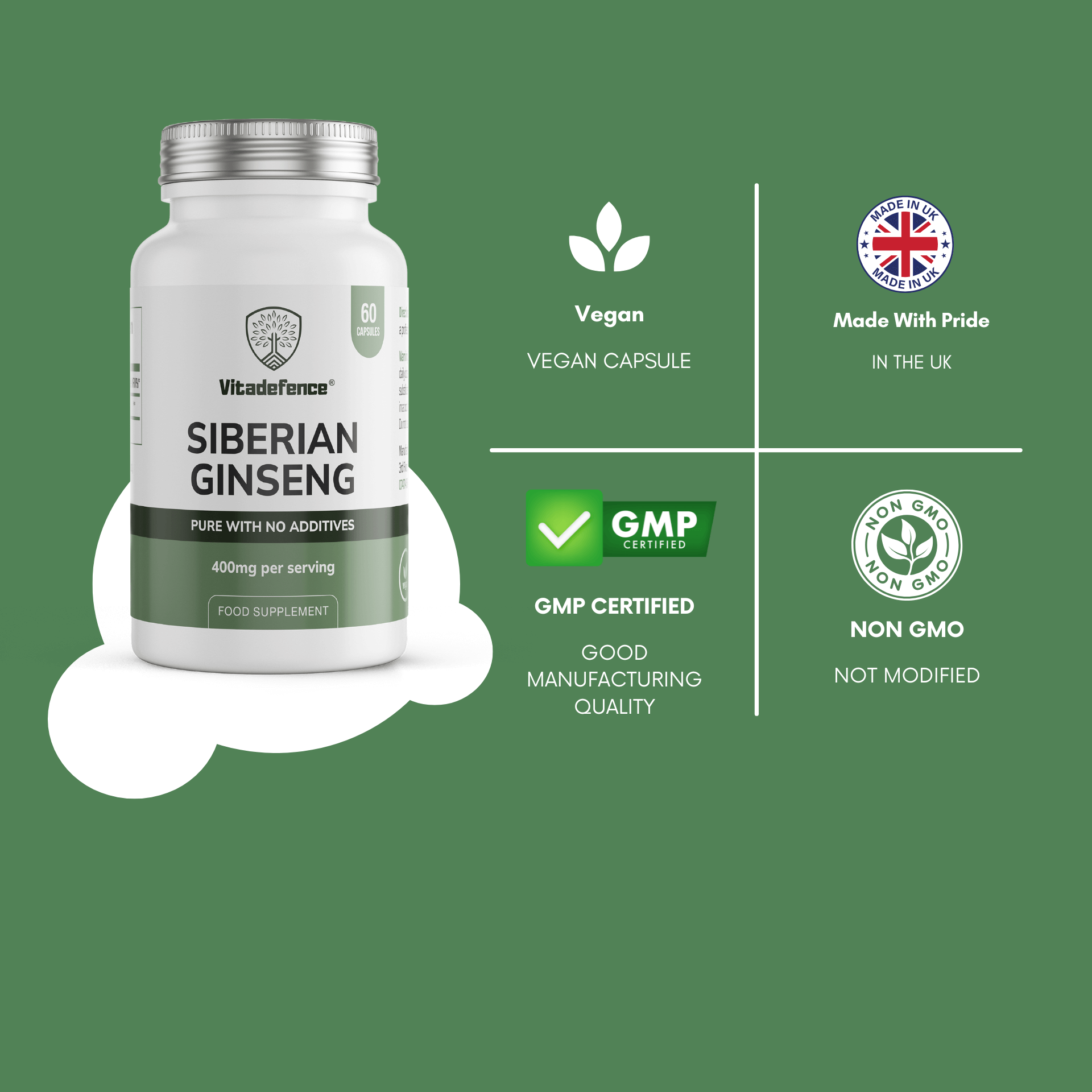 Vitadefence Siberian Ginseng vegan capsules, 800mg per serving, GMP certified, made in UK.