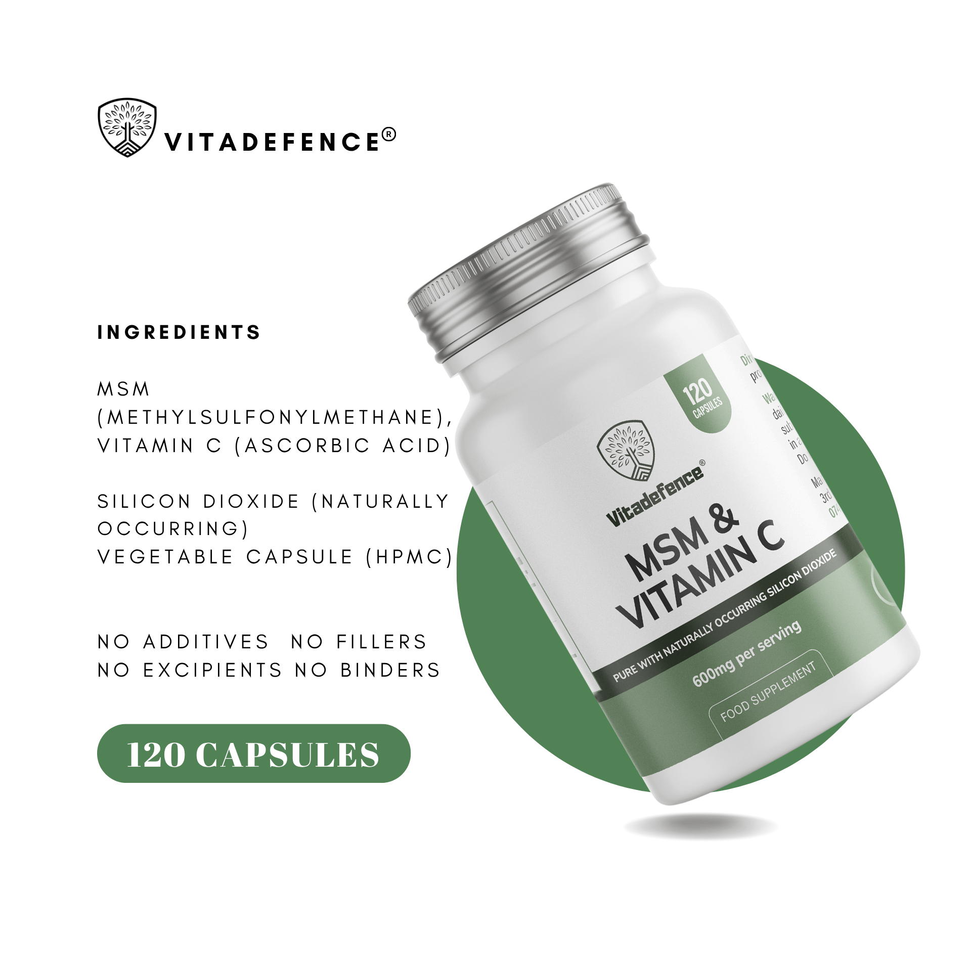 Vitadefence MSM & Vitamin C supplement bottle with 120 vegan capsules, highlighting ingredients and purity.