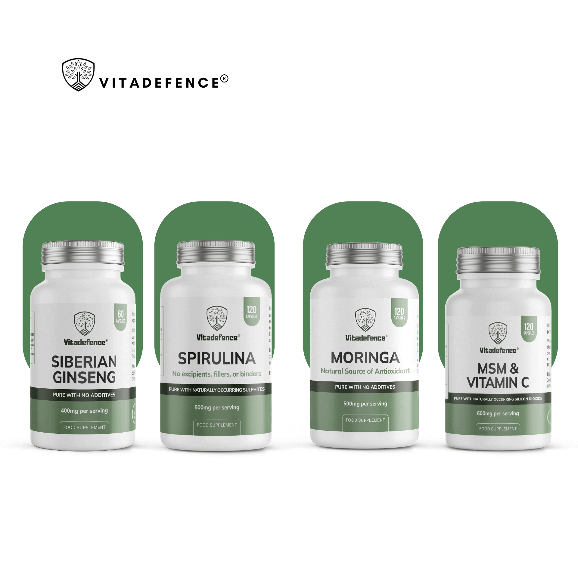 Vitadefence supplements: Siberian Ginseng, Spirulina, Moringa, and MSM & Vitamin C in vegan capsules.