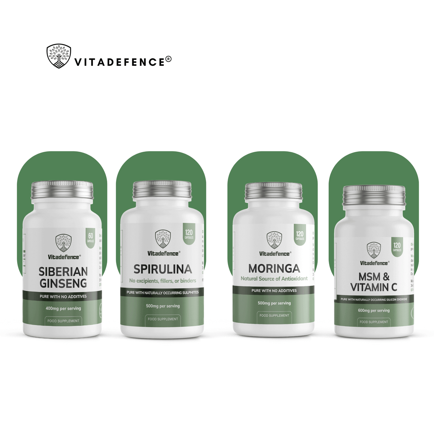 Vitadefence supplements: Siberian Ginseng, Spirulina, Moringa, and MSM & Vitamin C in vegan capsules.