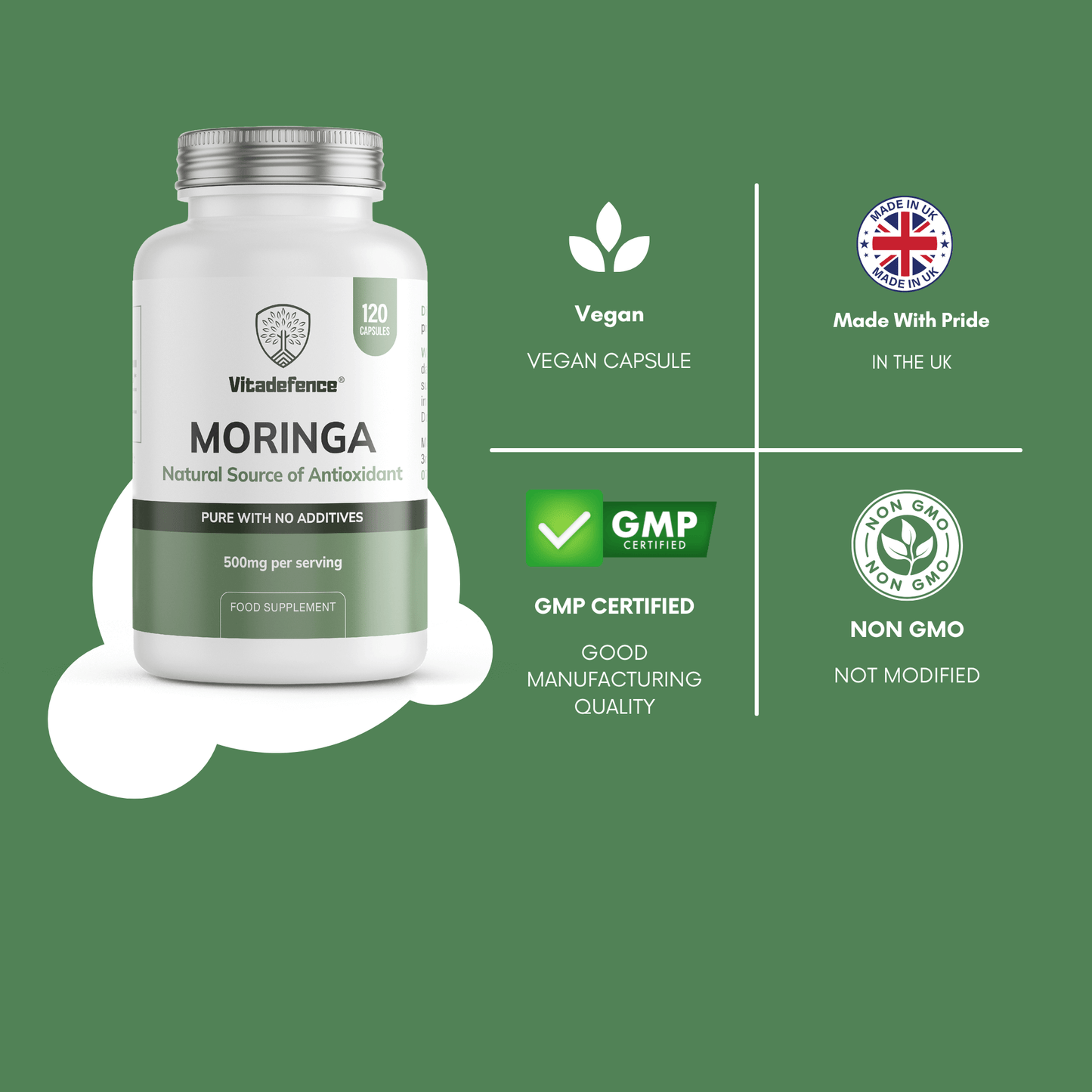 Vitadefence Moringa 120 vegan capsules, 500mg per serving, GMP certified, pure with no additives, made in the UK.