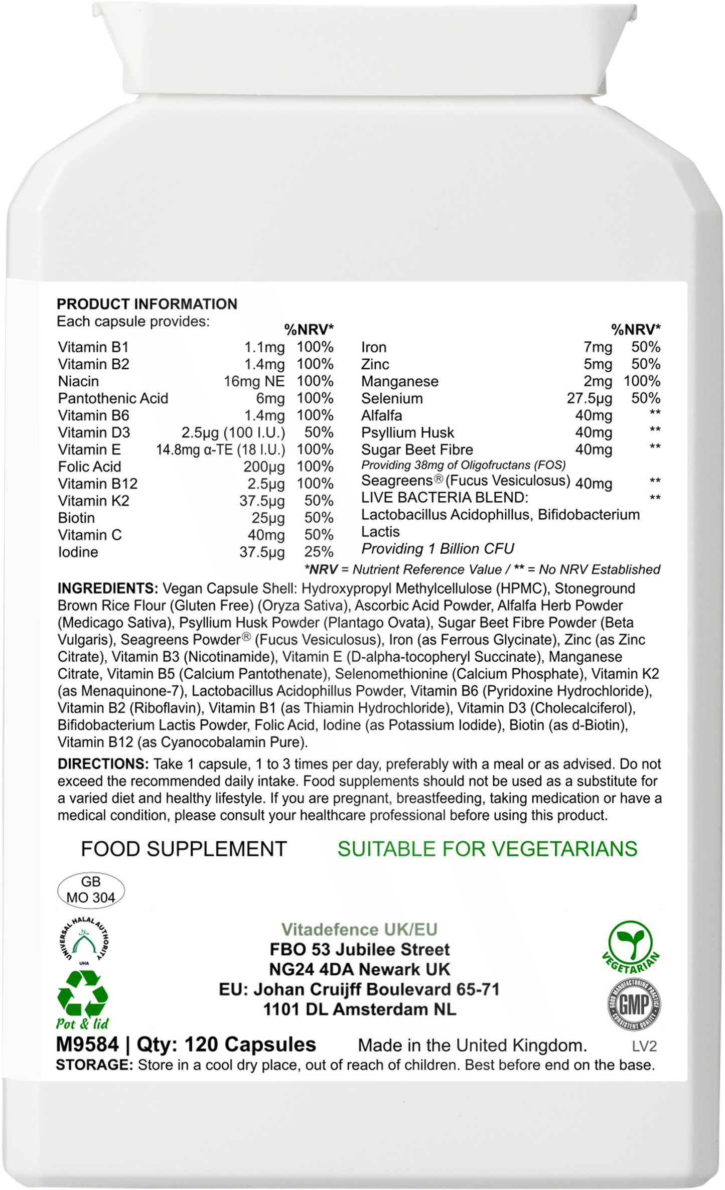 Vitadefence® Vitamins Multi | With Botanicals, Minerals & Live Cultures – 120 Capsules