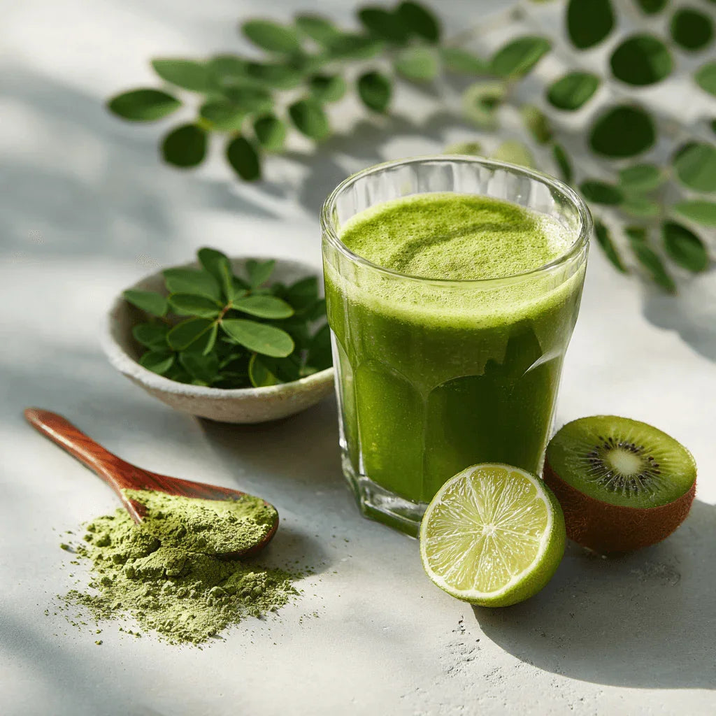 Fresh green smoothie with Moringa, lime, and kiwi, surrounded by Moringa leaves and powdered Moringa on a table.