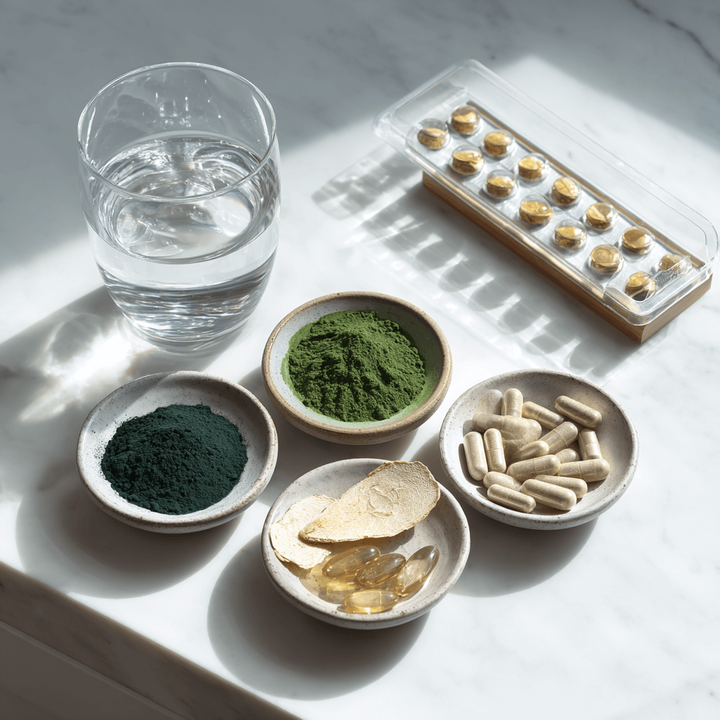 Assorted supplements in bowls, a glass of water, and a pill container on a marble surface.