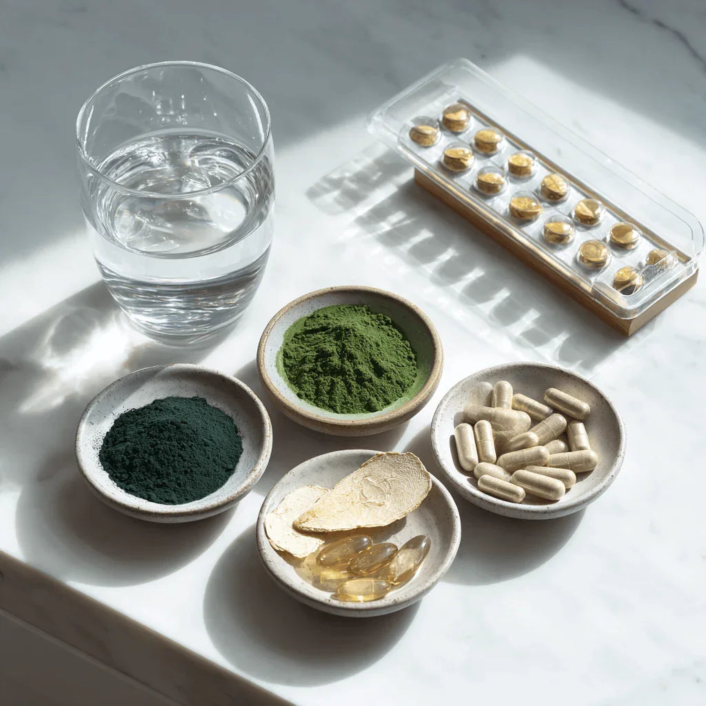 Assorted supplements in bowls, a glass of water, and a pill container on a marble surface.