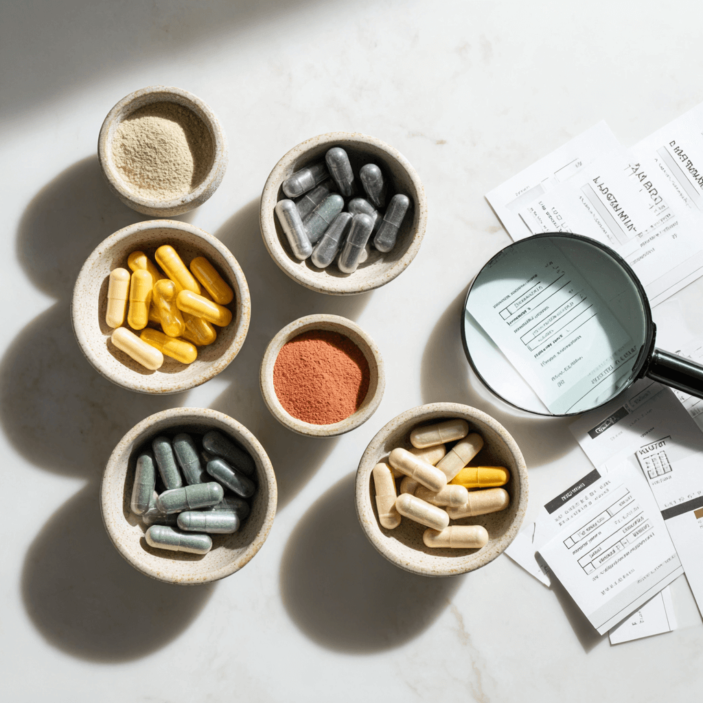 Assorted dietary supplements in bowls, with a magnifying glass and documents on a marble surface.