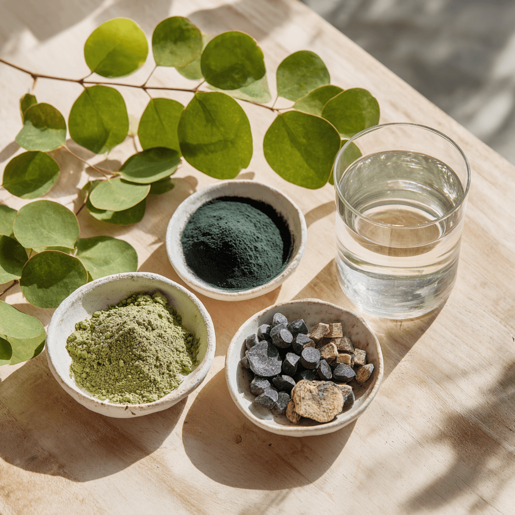 Natural supplements including green powders and minerals arranged with a glass of water and eucalyptus leaves.