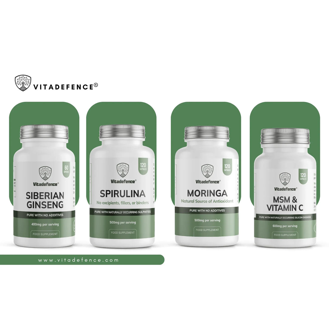 VitaDefence supplement bottles: Siberian Ginseng, Spirulina, Moringa, MSM & Vitamin C