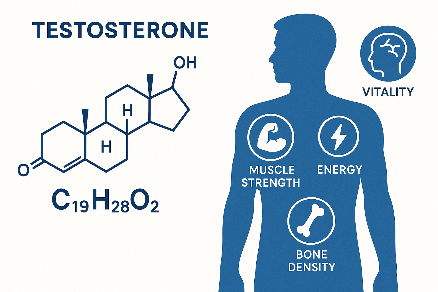 Illustration of testosterone structure with its benefits like muscle strength, energy, and bone density.