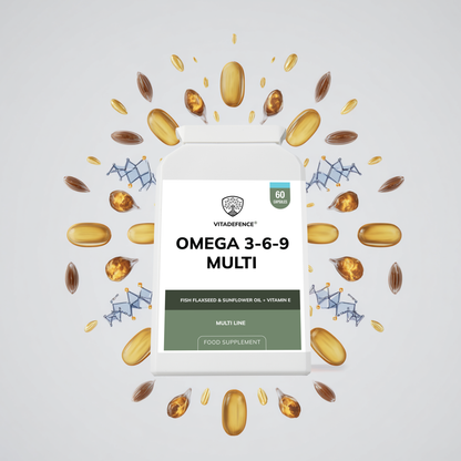 Vitadefence® Omega 3-6-9 Multi | With Fish Oil, Flaxseed, Sunflower Oil & Vitamin E – 60 Gelatin Capsules