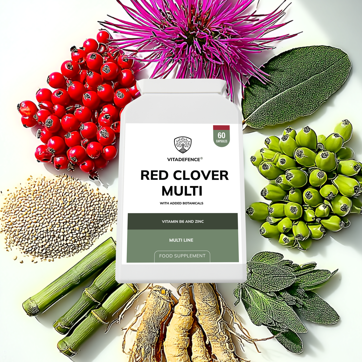 Vitadefence® Red Clover Multi | With Vitamin B6, Zinc, Sage & Siberian Ginseng – 60 Capsules