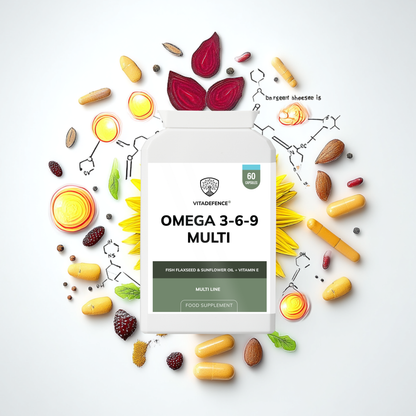 Vitadefence® Omega 3-6-9 Multi | With Fish Oil, Flaxseed, Sunflower Oil & Vitamin E – 60 Gelatin Capsules