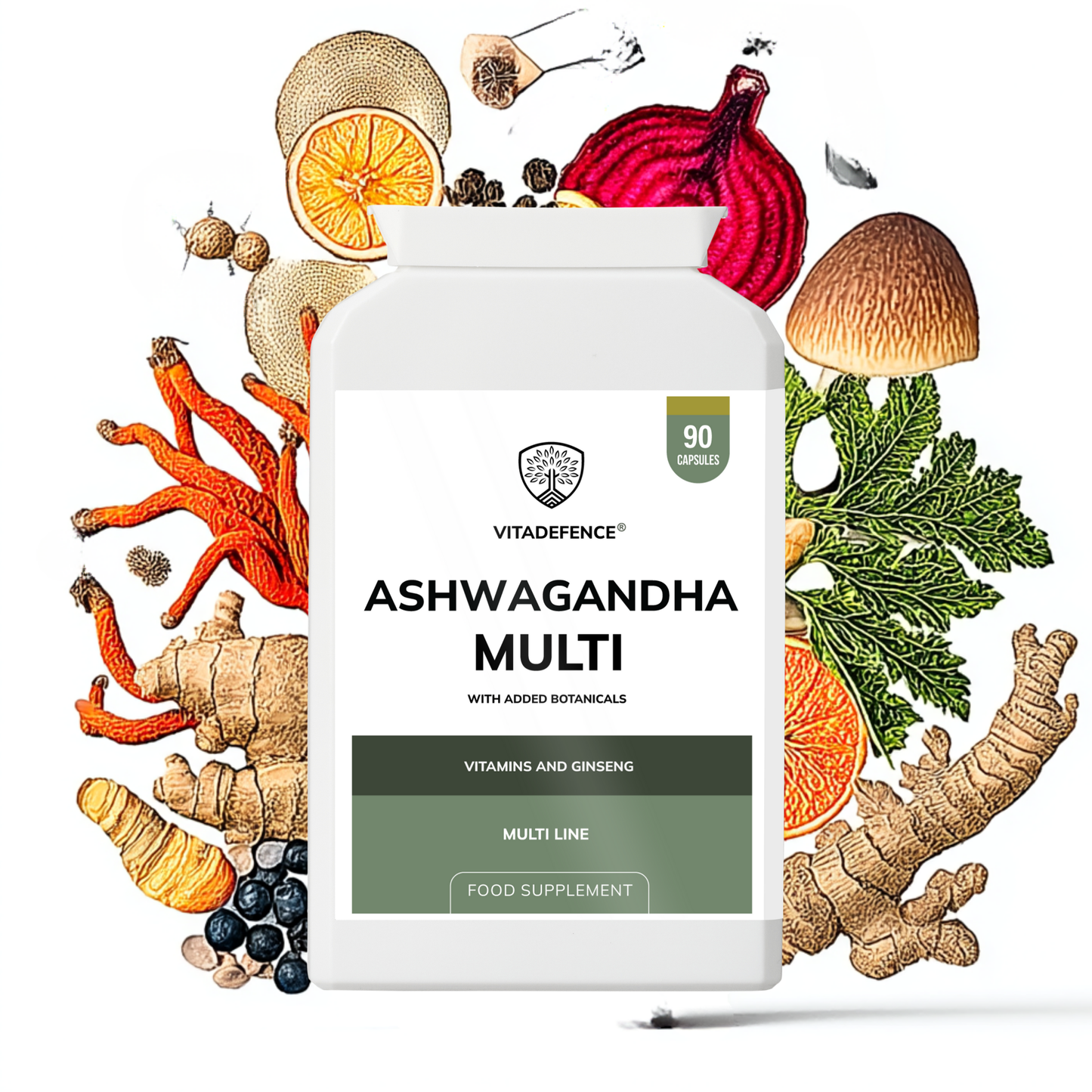 Vitadefence® Ashwagandha Multi | With Ashwagandha, Ginseng, Cordyceps & Vitamins – 90 Capsules
