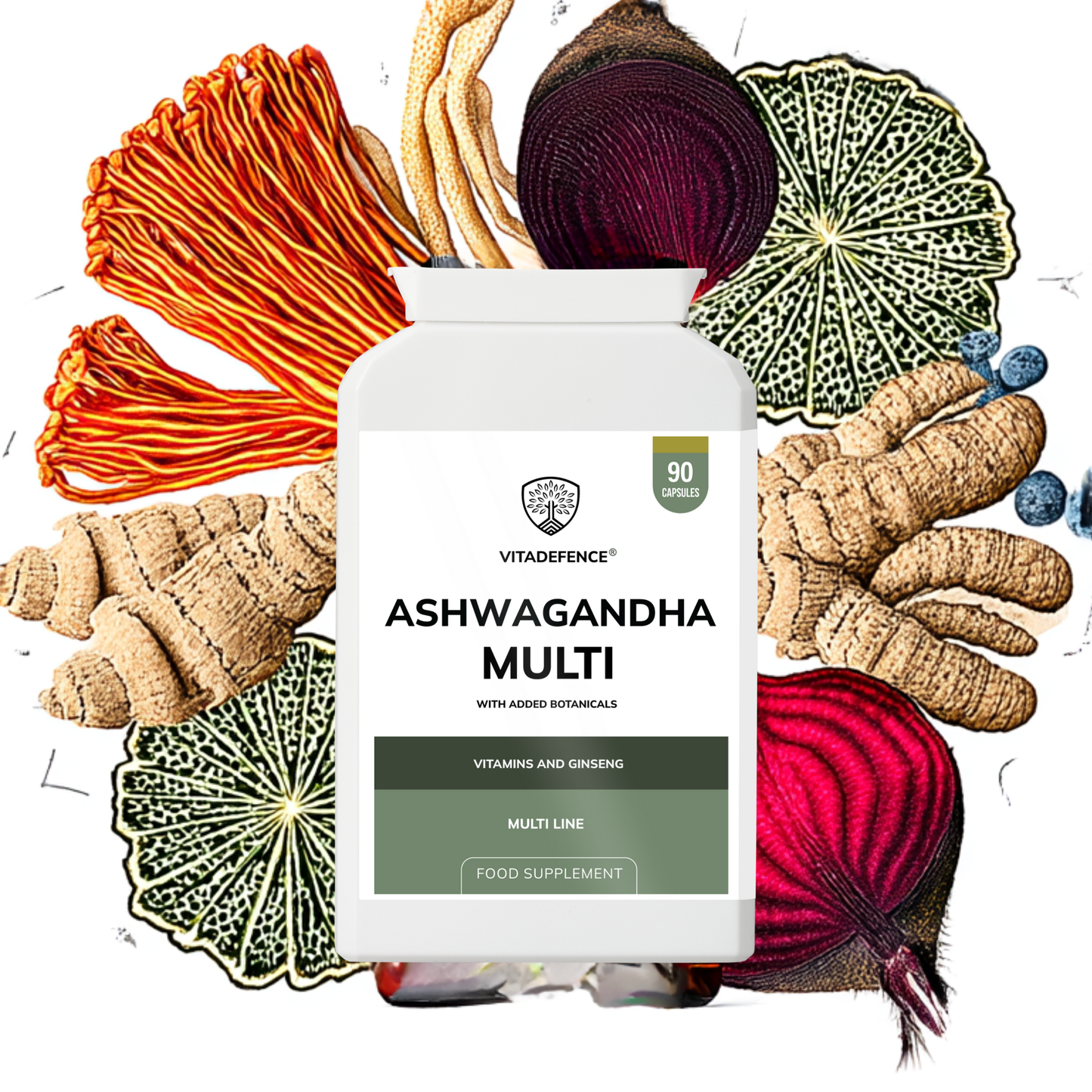 Vitadefence® Ashwagandha Multi | With Ashwagandha, Ginseng, Cordyceps & Vitamins – 90 Capsules