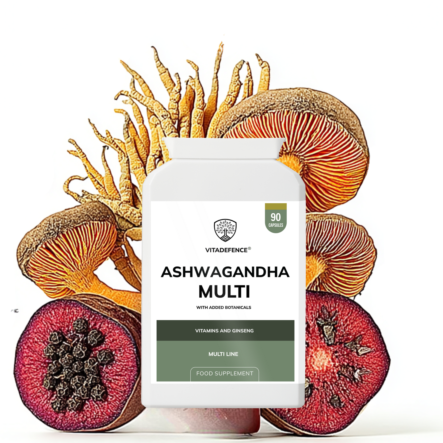 Vitadefence® Ashwagandha Multi | With Ashwagandha, Ginseng, Cordyceps & Vitamins – 90 Capsules