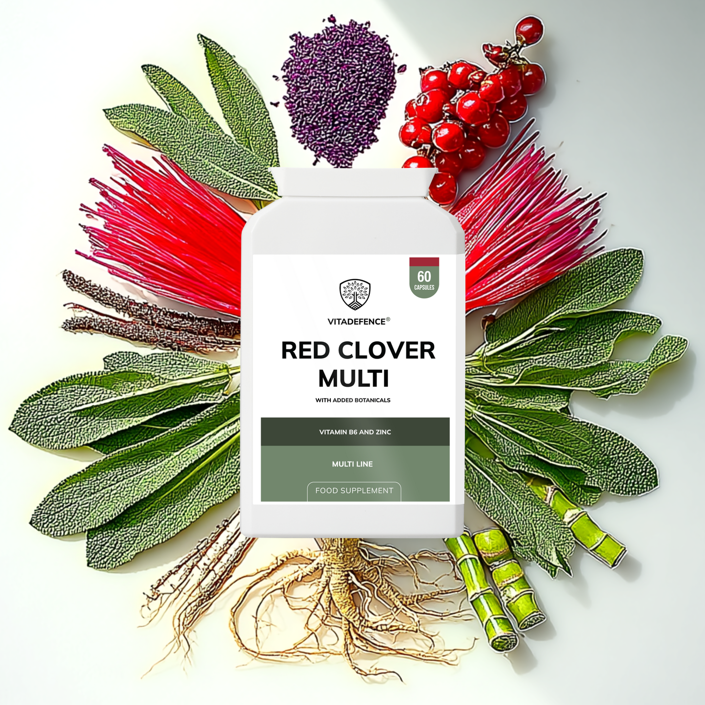 Vitadefence® Red Clover Multi | With Vitamin B6, Zinc, Sage & Siberian Ginseng – 60 Capsules