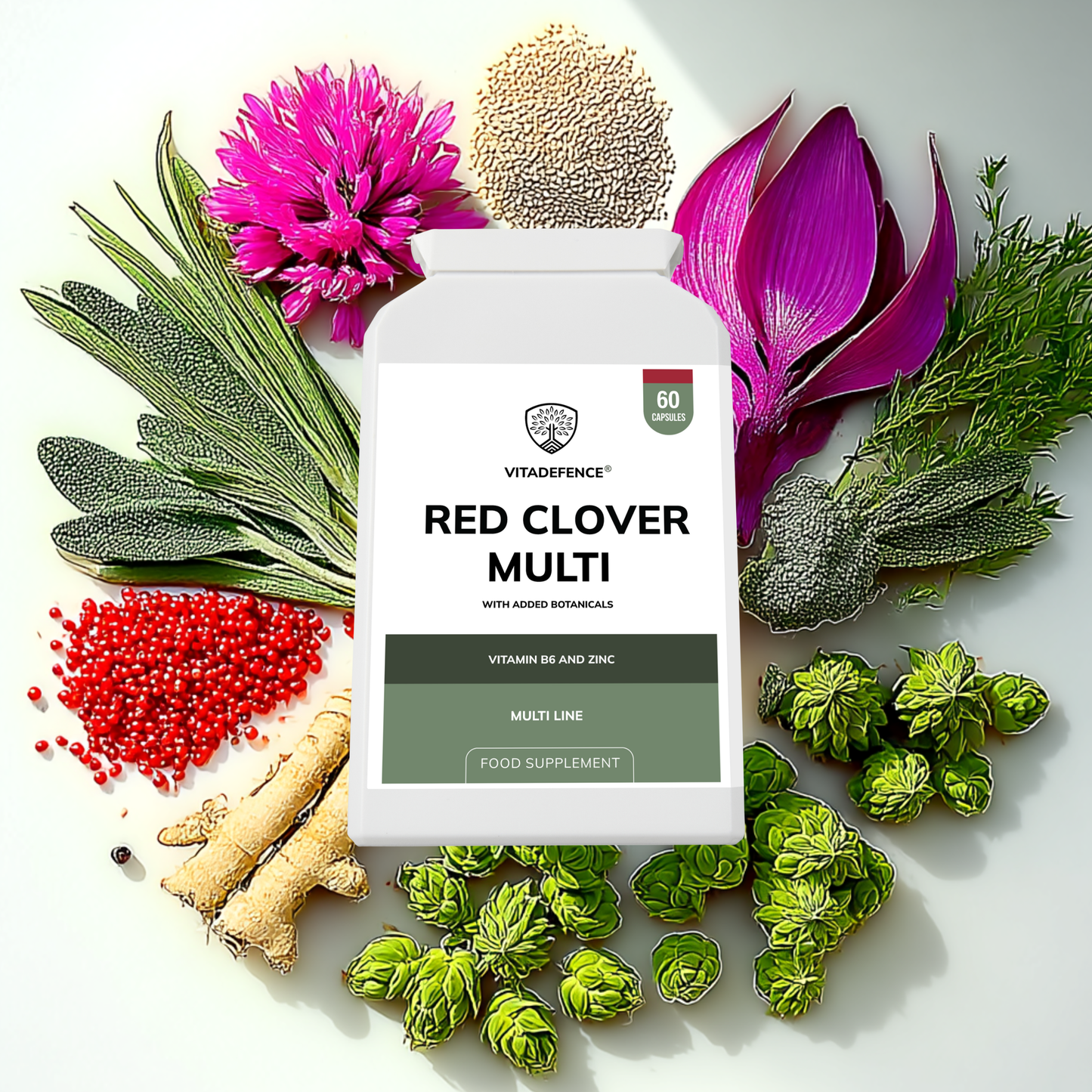 Vitadefence® Red Clover Multi | With Vitamin B6, Zinc, Sage & Siberian Ginseng – 60 Capsules