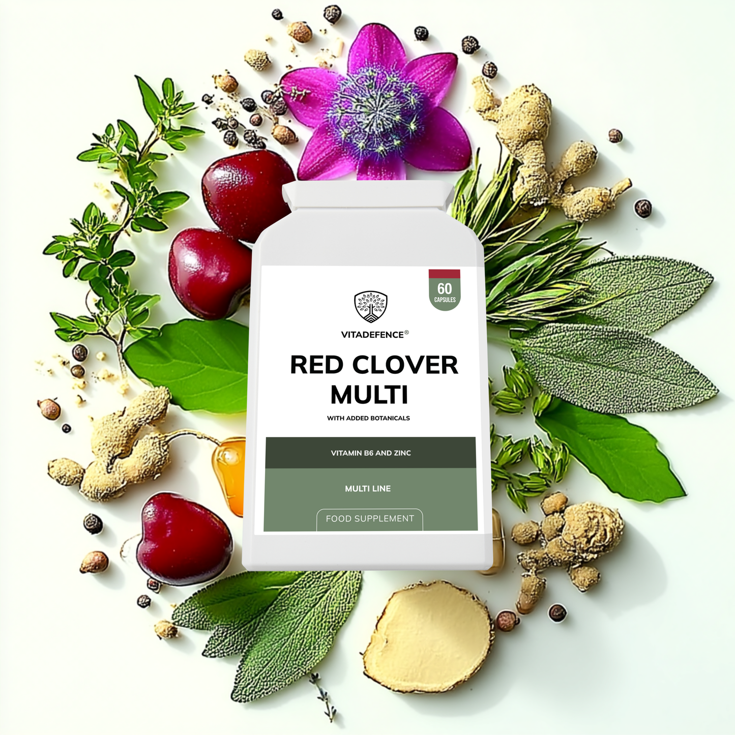 Vitadefence® Red Clover Multi | With Vitamin B6, Zinc, Sage & Siberian Ginseng – 60 Capsules