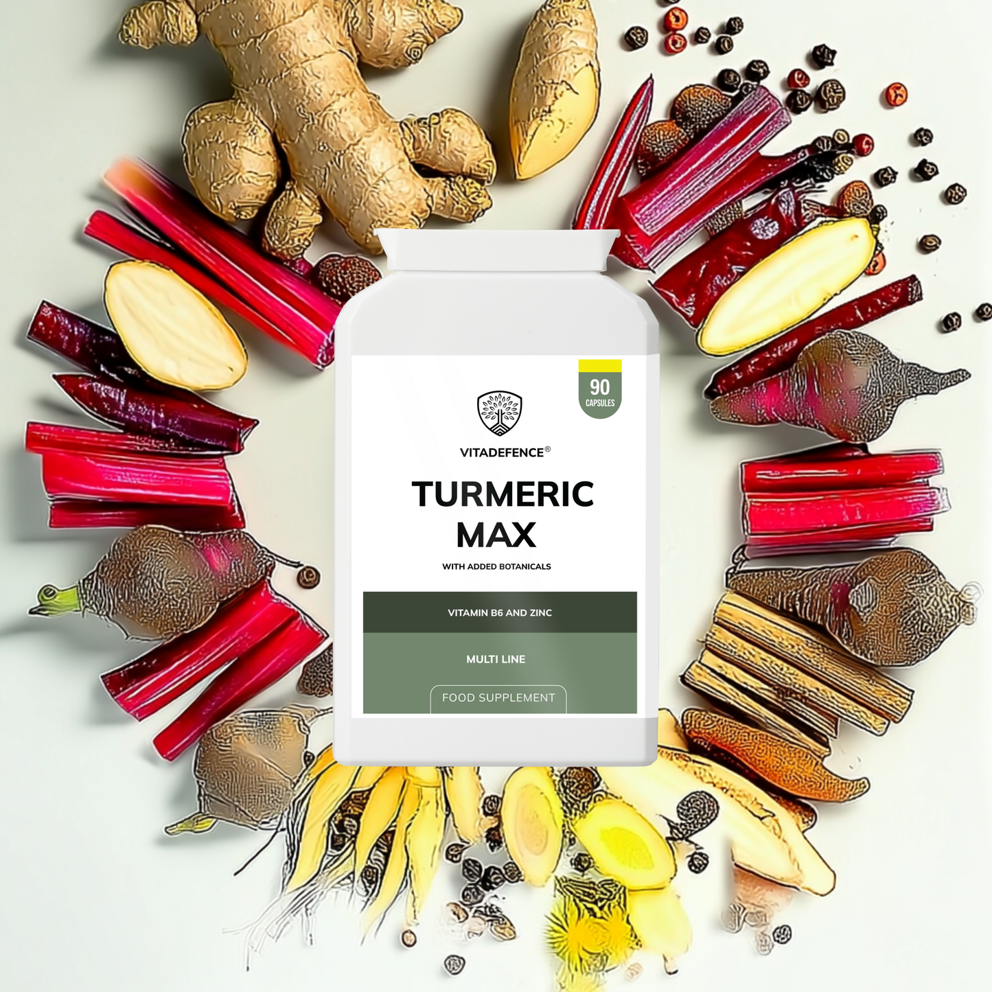 Vitadefence® Turmeric Max | With Vitamin B6, Zinc & Botanicals – 90 Capsules