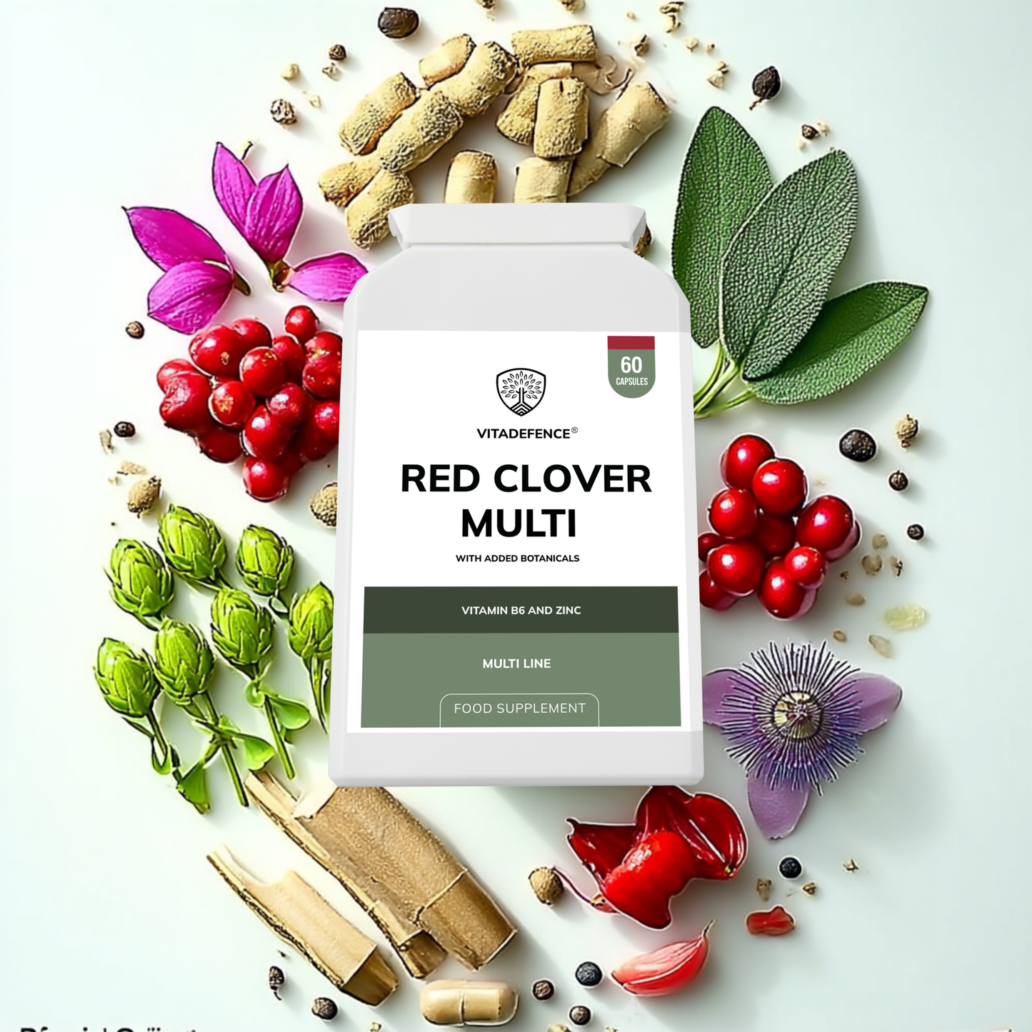 Vitadefence® Red Clover Multi | With Vitamin B6, Zinc, Sage & Siberian Ginseng – 60 Capsules