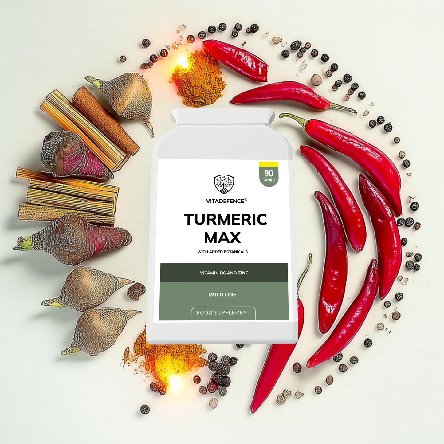 Vitadefence® Turmeric Max | With Vitamin B6, Zinc & Botanicals – 90 Capsules
