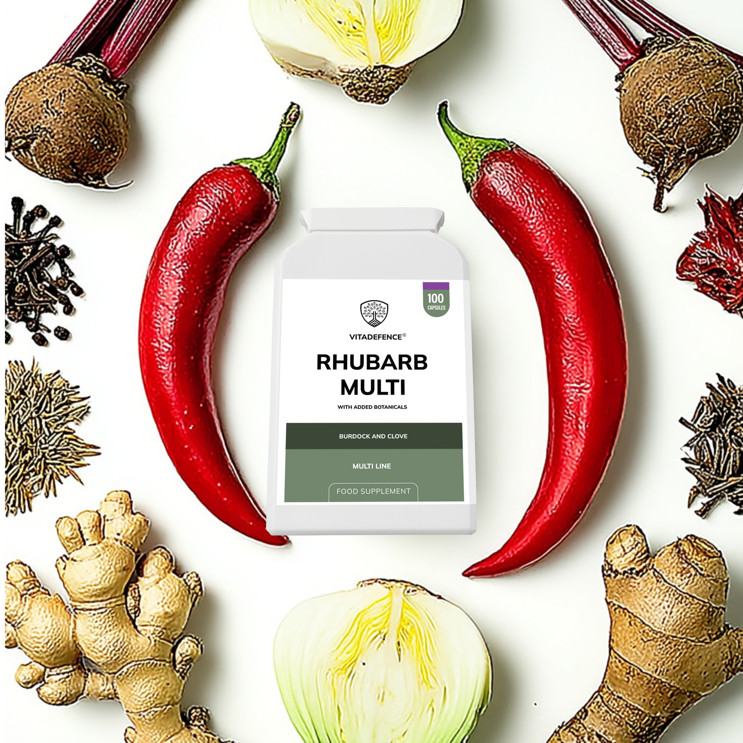 Vitadefence® Rhubarb Multi | With Burdock, Clove & Botanicals – 100 Capsules