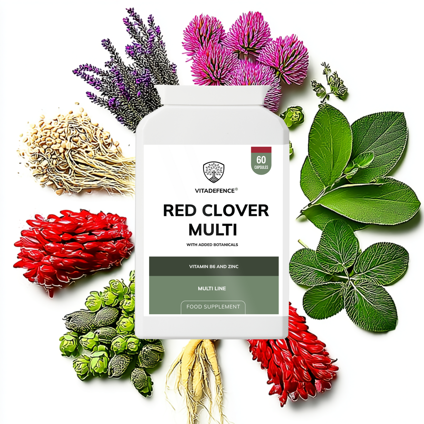 Vitadefence® Red Clover Multi | With Vitamin B6, Zinc, Sage & Siberian Ginseng – 60 Capsules