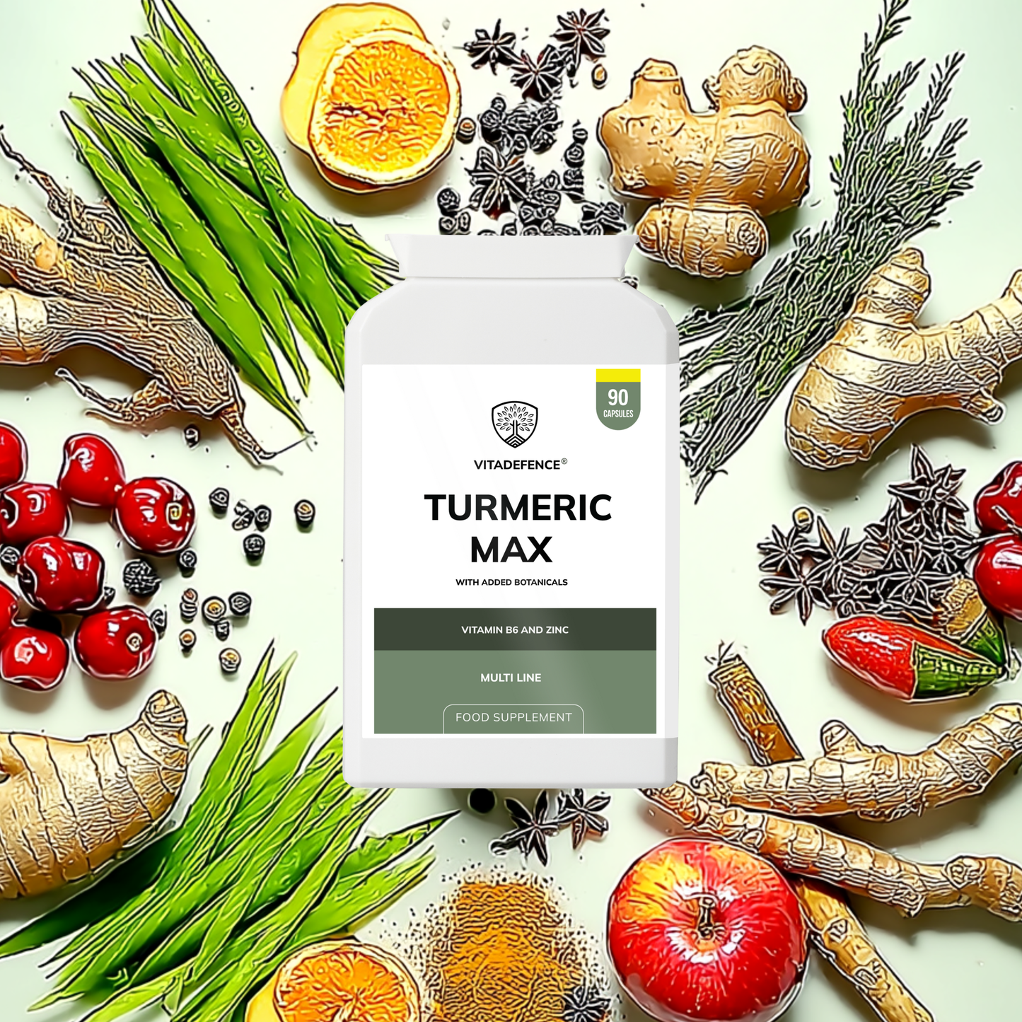 Vitadefence® Turmeric Max | With Vitamin B6, Zinc & Botanicals – 90 Capsules