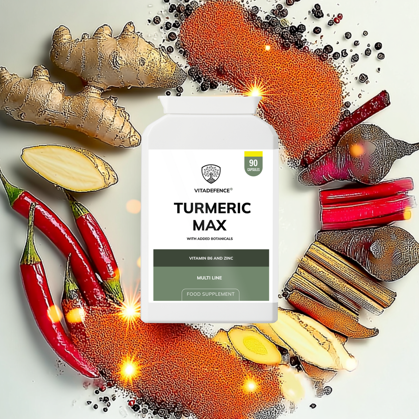 Vitadefence® Turmeric Max | With Vitamin B6, Zinc & Botanicals – 90 Capsules