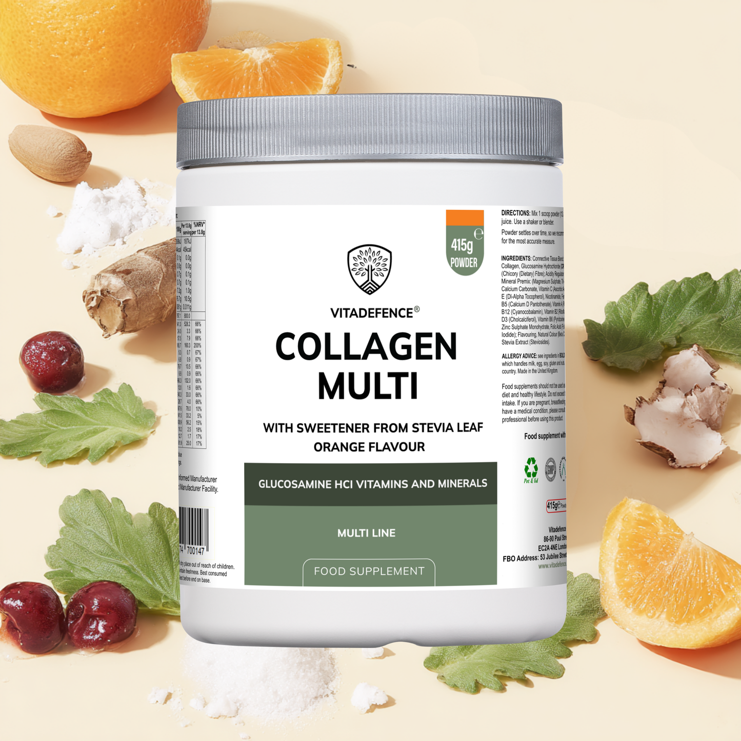 Vitadefence® Collagen Multi | Orange Flavour Powder with Glucosamine, Vitamins & Minerals – 415 g