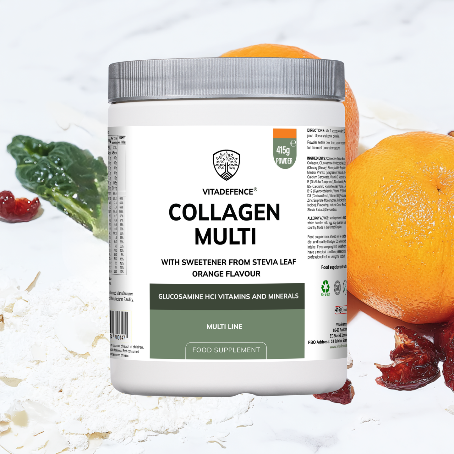 Vitadefence® Collagen Multi | Orange Flavour Powder with Glucosamine, Vitamins & Minerals – 415 g