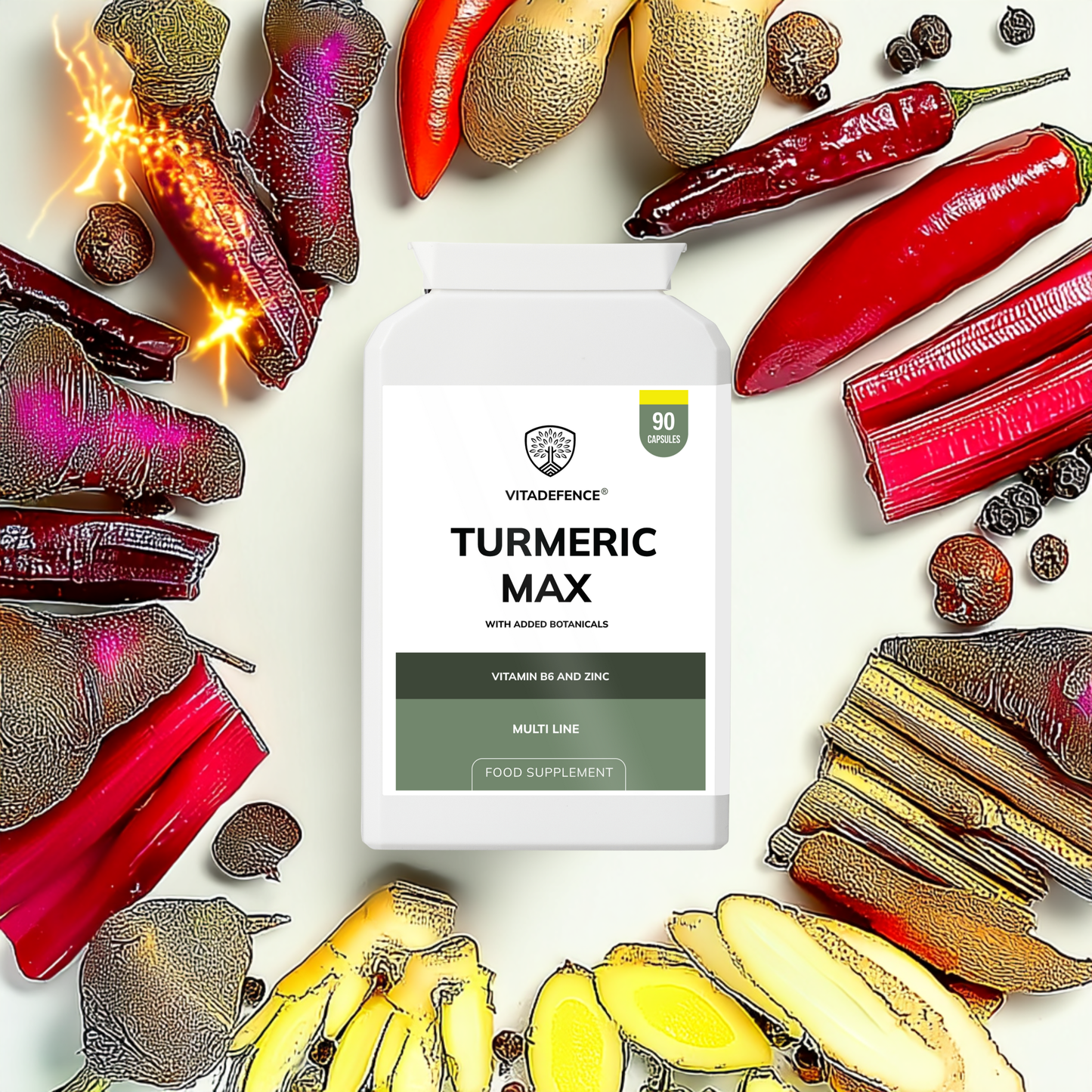 Vitadefence® Turmeric Max | With Vitamin B6, Zinc & Botanicals – 90 Capsules